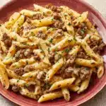 Cheesy Penne with Garlic Butter Ground Beef Recipe