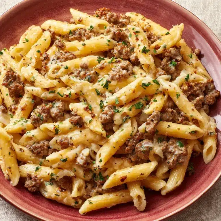 Cheesy Penne with Garlic Butter Ground Beef Recipe