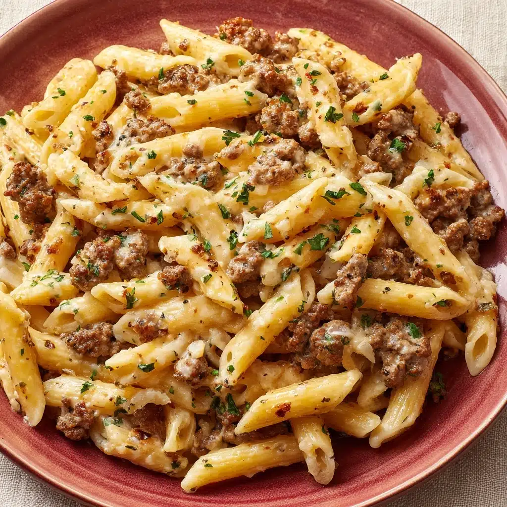 Cheesy Penne with Garlic Butter Ground Beef Recipe - Recipe Image