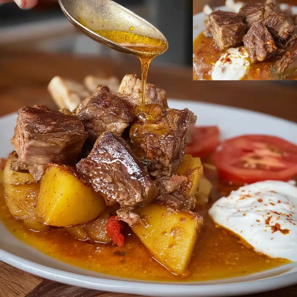 Place the lamb shoulder into your baking dish along with the potatoes, onions, and cleaned garlic cloves Recipe - Recipe Image