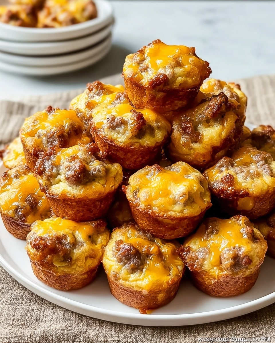 A white plate holds about twenty small muffins arranged in a pile, each muffin has a golden brown crust with a slightly darker bottom edge. The muffins are topped with melted cheddar cheese that is bright orange and glossy, sitting unevenly on the surface. Pieces of browned sausage bits are embedded within the muffins, giving a textured look with darker brown spots. The muffins have a soft, slightly rough texture on top with a firm baked edge around the bottom. The plate is placed on a white marbled surface with a folded cloth nearby and blurry trays in the background. photo taken with an iphone --ar 4:5 --v 7
