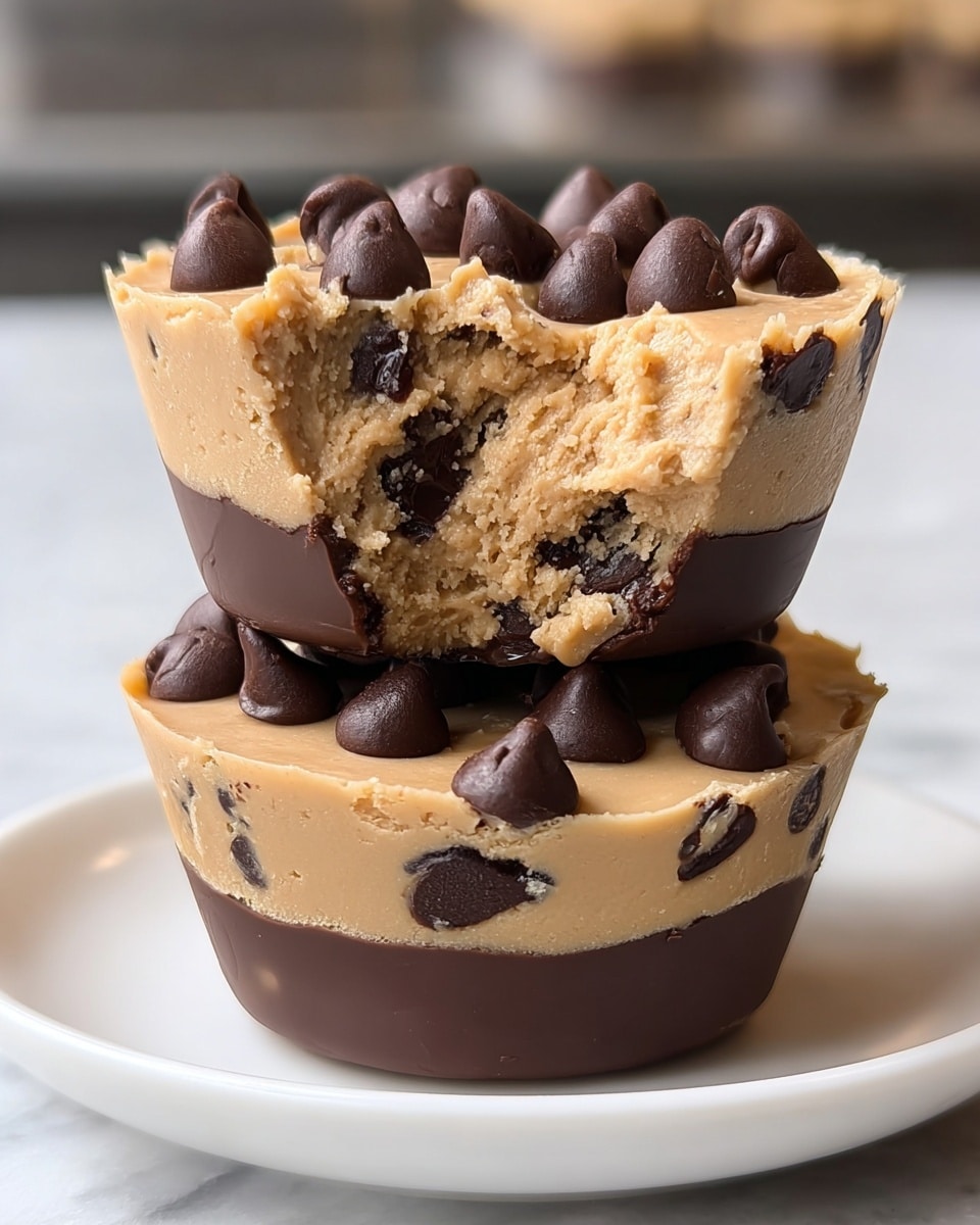 The image shows two stacked chocolate chip cookie dough cups on a white round plate. Each cup has three layers: the bottom layer is a light brown cookie dough with visible dark chocolate chunks; the middle layer is a smooth, dark chocolate shell covering the sides; and the top layer is a thick scoop of light brown cookie dough, dotted with many large, shiny dark chocolate chips that sit on top, some rounded and some flat. The background is a white marbled surface, softly blurred. Photo taken with an iphone --ar 4:5 --v 7