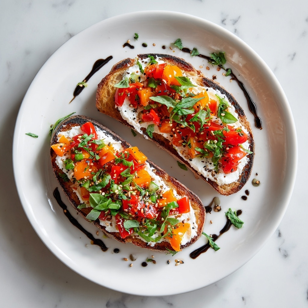 Two slices of toasted bread are placed side by side on a white plate with a white marbled background. Each slice has a thick layer of white cream cheese spread evenly. On top of the cream cheese, there are colorful chopped pieces of red, yellow, and green bell peppers scattered across both slices. The dish is drizzled with a dark brown sauce, some pooling around the edges of the plate. Small sesame seeds and green herbs are sprinkled over the peppers, adding texture and freshness. The photo taken with an iphone --ar 4:5 --v 7