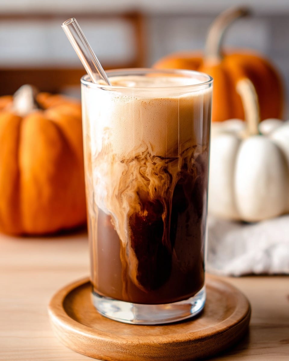 A tall clear glass filled with a two-layer drink: the bottom layer is dark brown iced coffee with visible streaks running down inside the glass, and the top layer is a thick, creamy, light tan foam that almost fills the glass to the rim. A clear straw is placed in the foam layer, leaning slightly to the right. The glass sits on a round wooden coaster, placed on a light wooden surface. In the background, there are two pumpkins, one orange and one white, both out of focus. The overall setting has warm tones and a cozy feel. Photo taken with an iphone --ar 4:5 --v 7