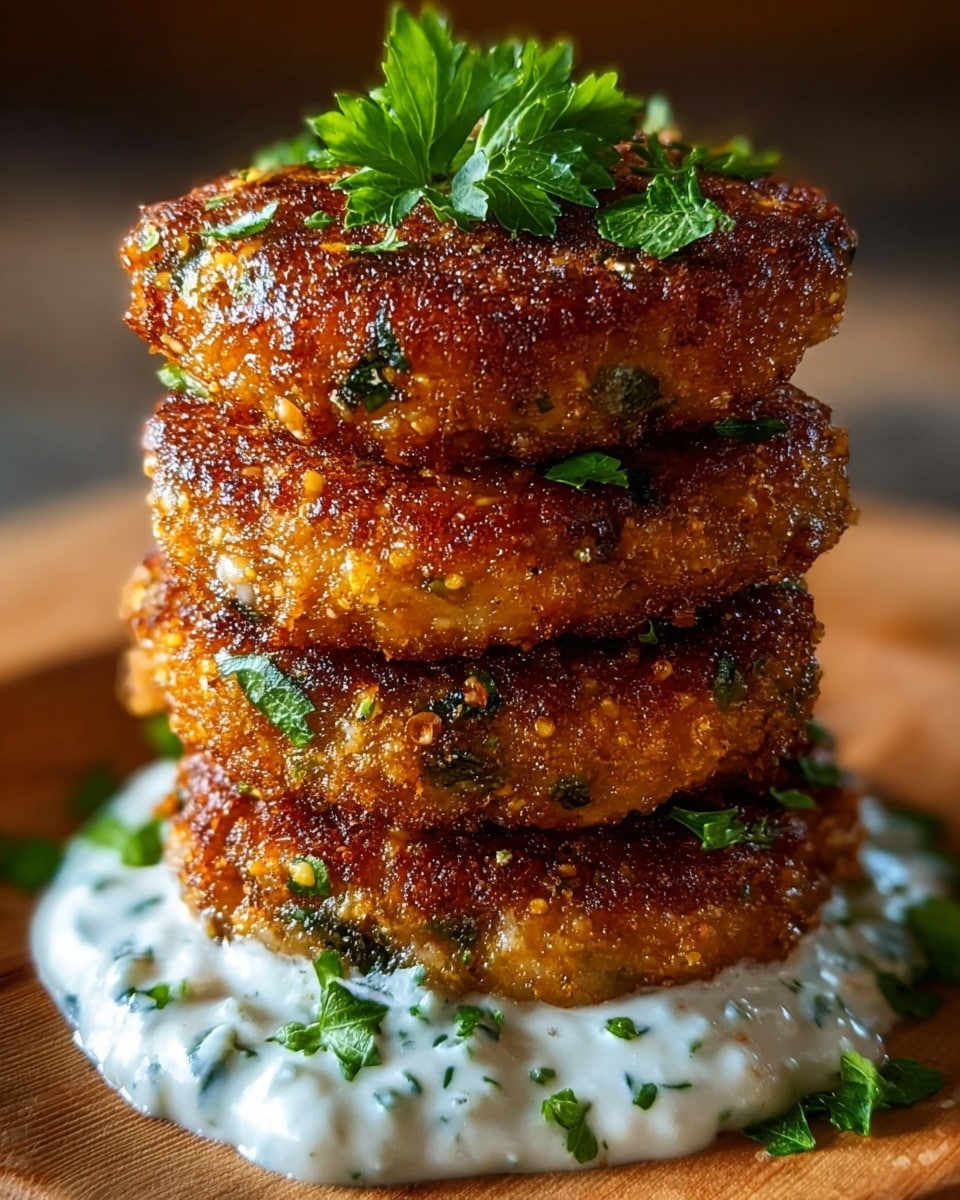 A stack of four golden-brown crispy patties sits on a wooden surface, each patty textured with a crunchy, fried crust and dotted with small green herb bits. The bottom patty rests on a layer of creamy white sauce mixed with chopped green herbs that spread slightly around the base. The top patty is garnished with fresh green chopped parsley, adding a pop of bright color against the deep golden browns. The patties have a thick, uneven round shape with a moist inside visible through the outer crust. photo taken with an iphone --ar 4:5 --v 7