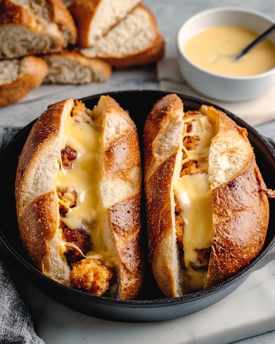 Two sandwiches rest side by side inside a black skillet set on a white marbled surface. Each sandwich has a golden brown crusty hoagie roll with a split top, revealing soft, airy white bread inside. Inside the rolls, there is a layer of creamy yellow melted cheese spread evenly, along with crispy pieces of browned fried chicken visible below the cheese. In the background, a creamy light yellow sauce sits in a small white bowl with a spoon inside, placed on the white marbled surface, adding to the cozy and inviting scene. Photo taken with an iphone --ar 4:5 --v 7
