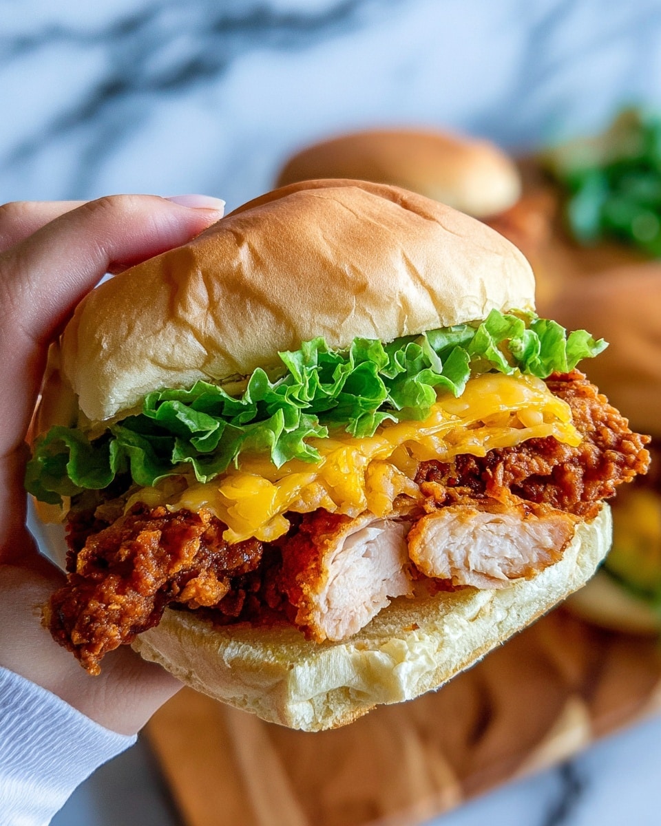 A close-up of a fried chicken sandwich held by a woman's hand wearing a white sleeve, showing five layers: a soft light brown bun top with a slightly wrinkled texture, bright green crisp lettuce beneath it, a layer of melted yellow cheese, a thick piece of crispy golden-brown fried chicken with a crunchy texture, and a fluffy light beige bun bottom. The background has a white marbled texture with a wooden cutting board and more sandwiches blurred in the back. photo taken with an iphone --ar 4:5 --v 7