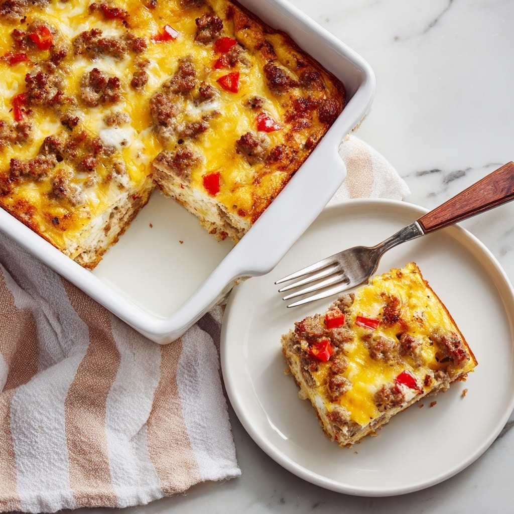 A white square casserole dish contains a baked breakfast casserole with a golden-yellow cheese layer melting on top, mixed with browned sausage pieces and small red bell pepper bits. One rectangular piece is cut out and placed on a white round plate, showing a thick, soft texture with visible sausage, cheese, and pepper layers. The casserole edges inside the dish are slightly browned from baking. A silver fork rests on the plate, placed on a white marbled surface with a soft striped cloth nearby. Photo taken with an iphone --ar 4:5 --v 7