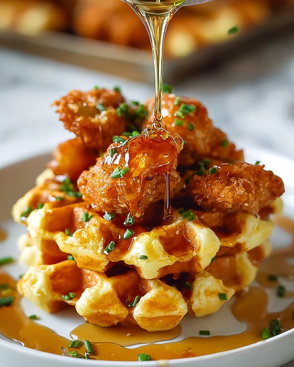 The dish shows small, golden-brown crispy fried chicken pieces and mini waffles stacked in pairs with a light yellow soft inside, placed on a white plate. A thick, shiny honey syrup is being poured over the top waffle stack, creating a glossy, sticky texture that drips down onto the other waffles and chicken pieces. Small green chive pieces are sprinkled generously on top, adding a touch of color contrast. The white plate sits on a white marbled surface, with a soft background blur highlighting the food. photo taken with an iphone --ar 4:5 --v 7