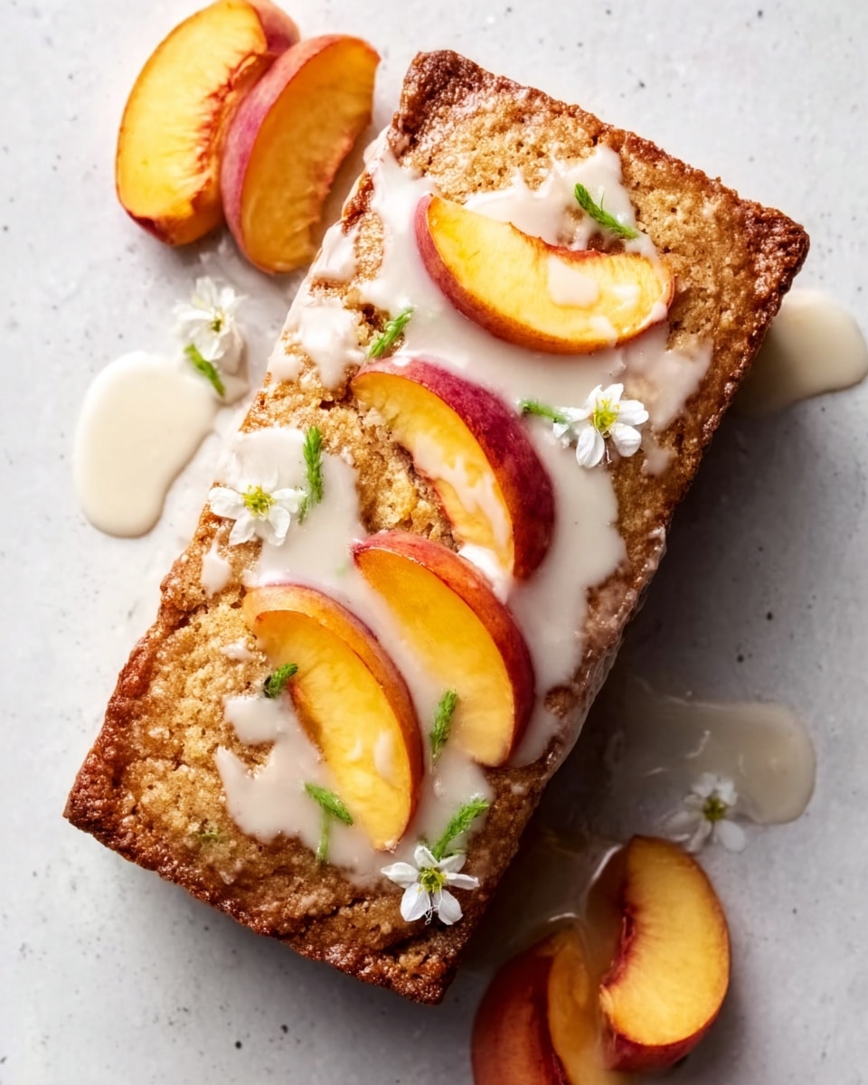 Two rectangular slices of golden-brown bread with a textured surface are placed side by side on a white marbled background. Each slice is topped with glossy, light creamy icing that drips slightly down the edges, and fresh peach slices with smooth orange and red skin are arranged on top and around the bread. Small white flower petals add a delicate finishing touch on the creamy icing. The overall look is fresh and inviting. Photo taken with an iphone --ar 4:5 --v 7