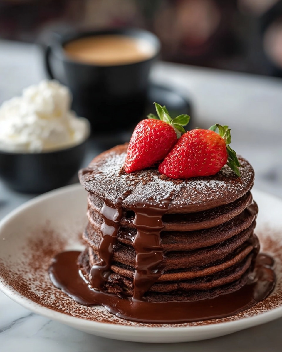 A stack of six thick chocolate pancakes is centered on a white plate, each pancake rich dark brown with a soft, fluffy texture. A glossy layer of dark chocolate sauce slowly drips over the edges of the pancake stack and pools around the base. The top pancake is dusted lightly with cocoa powder. Two fresh strawberries, one whole and one halved, sit on top, adding bright red color with green leafy tops. In the blurred background, a cup of steaming coffee in a black cup and a small bowl of whipped cream are visible against a white marbled surface. photo taken with an iphone --ar 4:5 --v 7