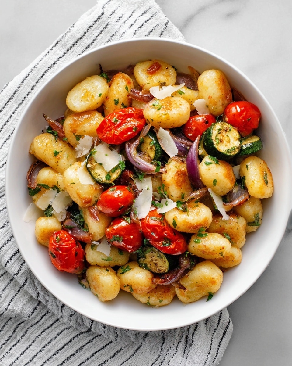 A white bowl filled with one layer of cooked gnocchi, which are small, golden-brown, gently browned dumplings. Mixed within the gnocchi are bright red roasted cherry tomatoes and chunks of grilled green zucchini, with some pieces of purple-red onion curled around. Small green parsley bits are scattered on top alongside thin, irregular shavings of pale white cheese. The bowl sits on a white marbled surface with a white and black striped cloth beneath and around it. photo taken with an iphone --ar 4:5 --v 7