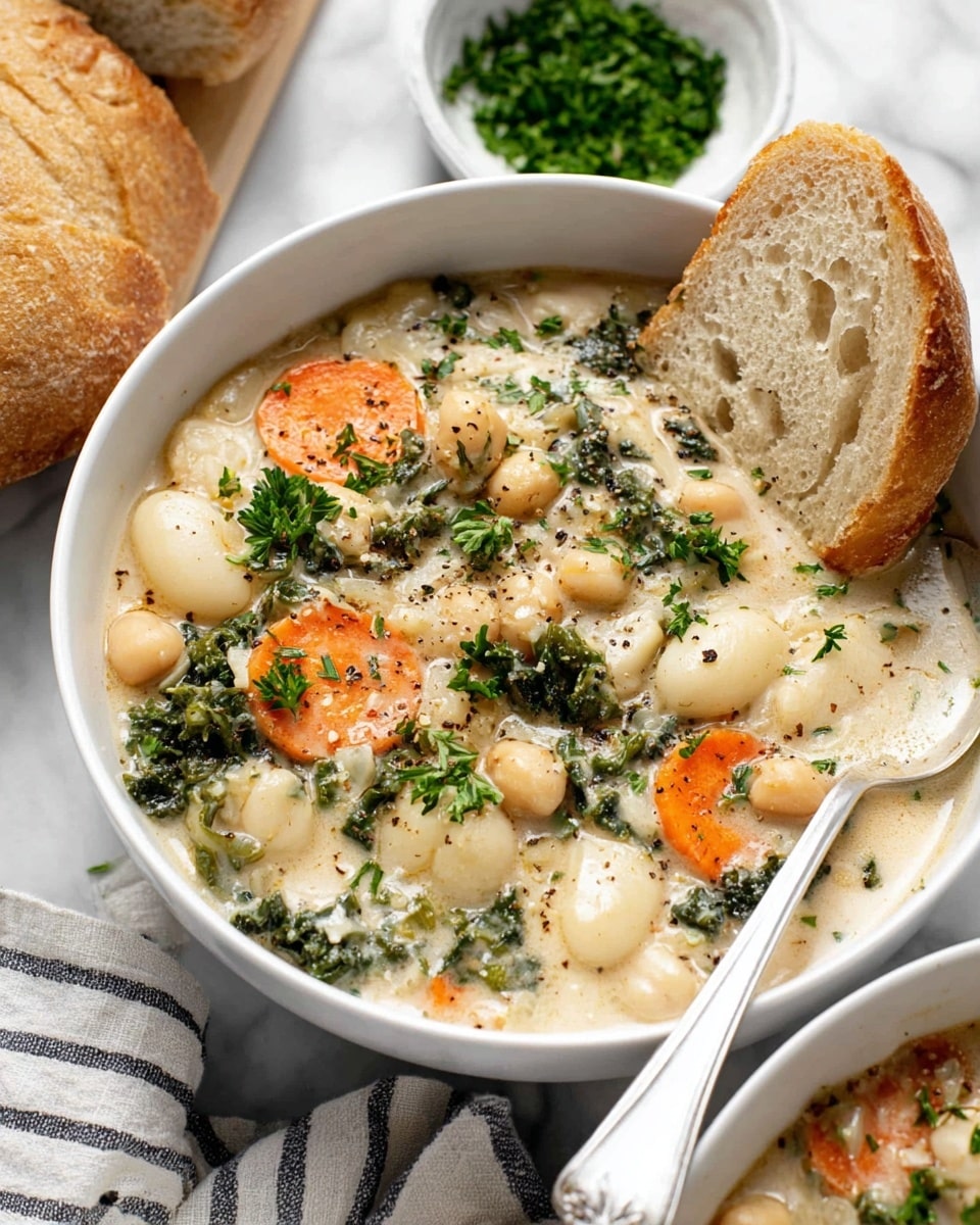 A white bowl filled with creamy soup that has three main layers: at the bottom, light green leafy kale and chickpeas; in the middle, white gnocchi and thin slices of orange carrot; on top, garnished with chopped green parsley and a sprinkle of black pepper. A silver spoon rests inside the bowl on the right side, and a slice of crusty white bread leans on the bowl edge. In the background, there is a small white bowl with finely chopped green herbs, a striped cloth, and a sliced bread loaf on a white marbled surface. photo taken with an iphone --ar 4:5 --v 7