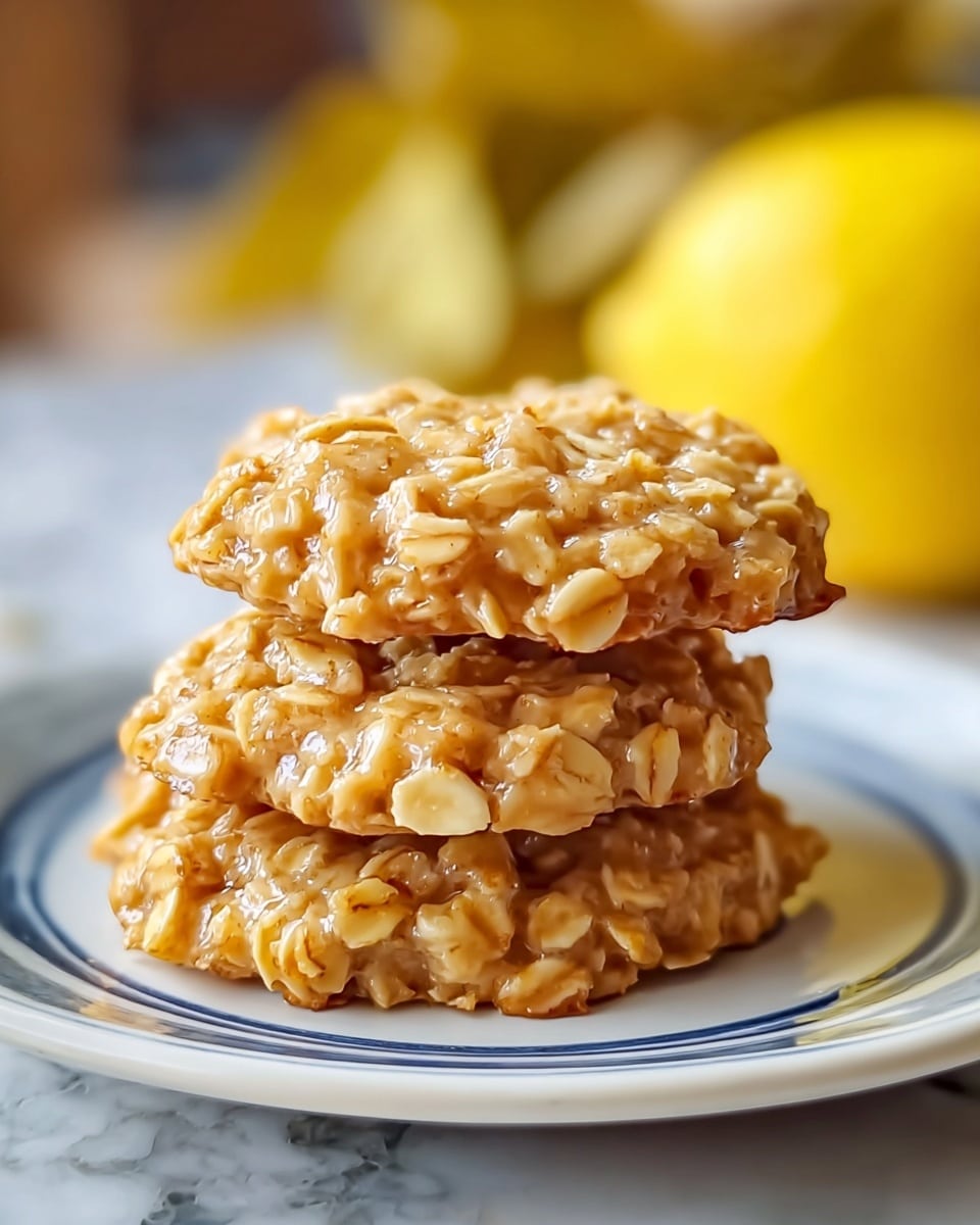 The image shows a close-up of a small stack of three round oat cookies with a light golden color and a shiny, slightly sticky texture, highlighting the individual oat flakes embedded on the surface. The stack is placed on a white plate with blue stripes near the edge, sitting on a white marbled textured surface. In the blurred background, there is part of a yellow lemon adding a pop of color. Photo taken with an iphone --ar 4:5 --v 7