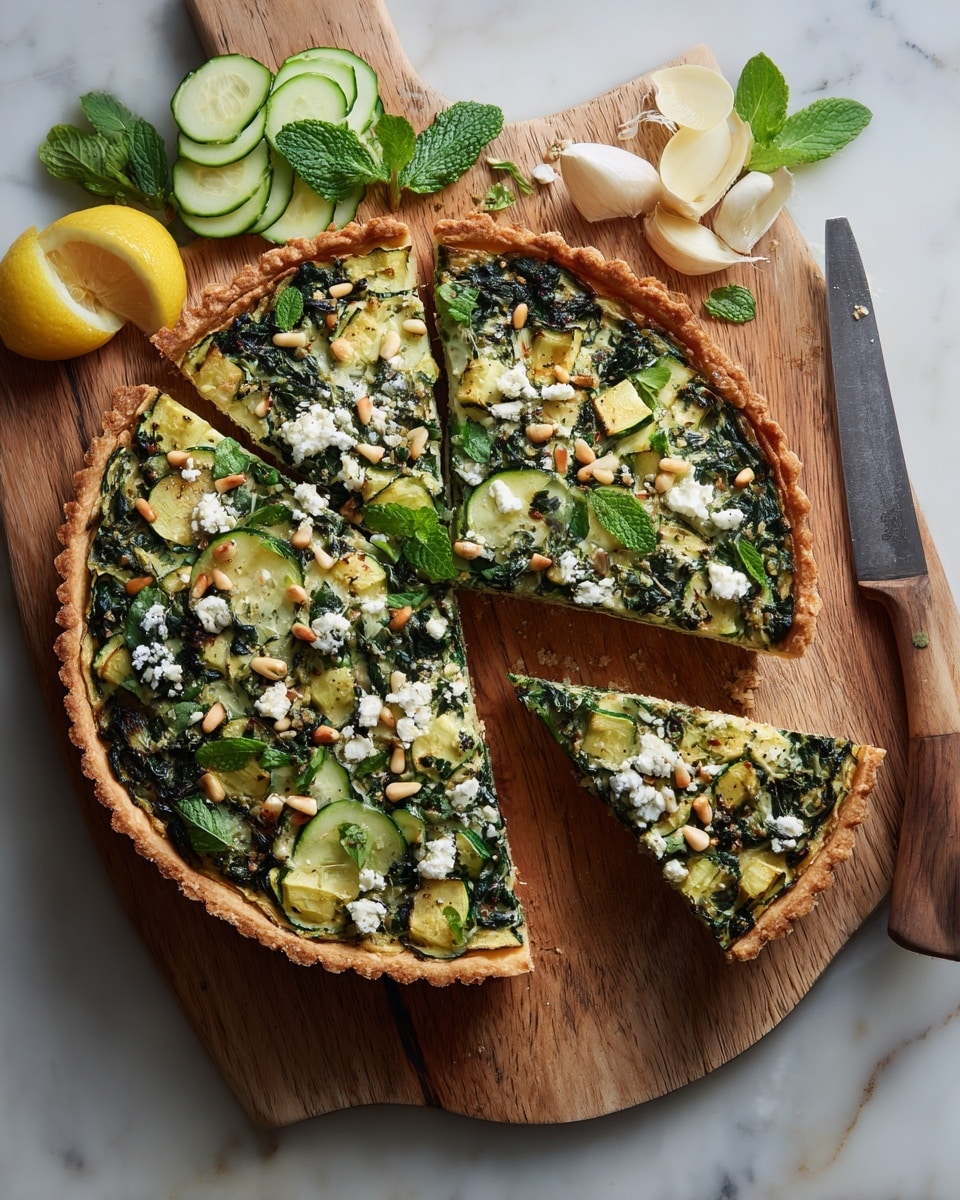 A rustic tart with a golden, flaky crust that is thick and uneven around the edges, topped with a mix of green zucchini ribbons, white crumbled cheese, and light brown pine nuts scattered across. There are three slices cut from the tart, arranged loosely on the same dark wooden board. Around the tart, there are fresh green mint leaves, a peeled clove of garlic, bright yellow lemon slices, and a curled green zucchini peel. A silver knife with a brown handle leans against the board next to a lemon slice, and a striped blue and white cloth rests under the board on a white marbled surface. photo taken with an iphone --ar 4:5 --v 7