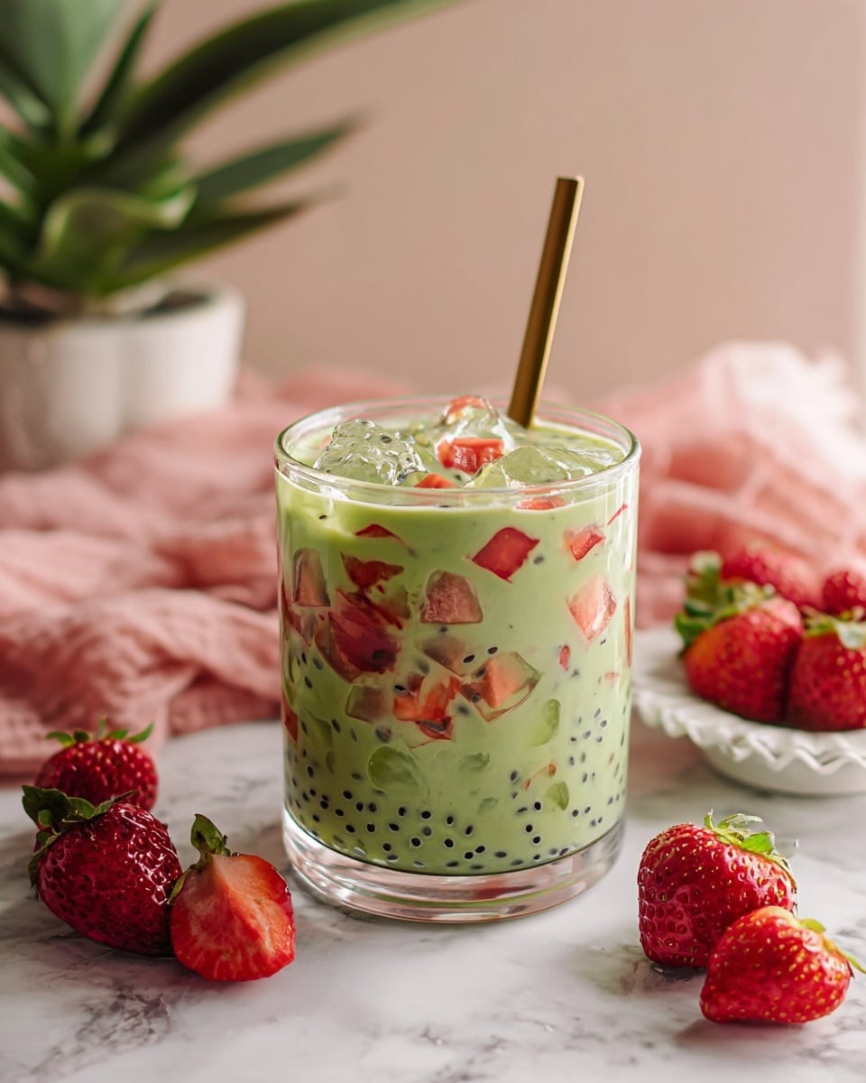 A close-up top view of a green liquid mixture with small black chia seeds scattered throughout. Within the liquid, there are various small pieces of chopped fruit with different colors: red with white spots, light orange, pale purple, and a few translucent bluish bits. The surface of the mixture has several round bubbles of different sizes, adding a glossy texture. The background shows a white marbled texture. photo taken with an iphone --ar 4:5 --v 7