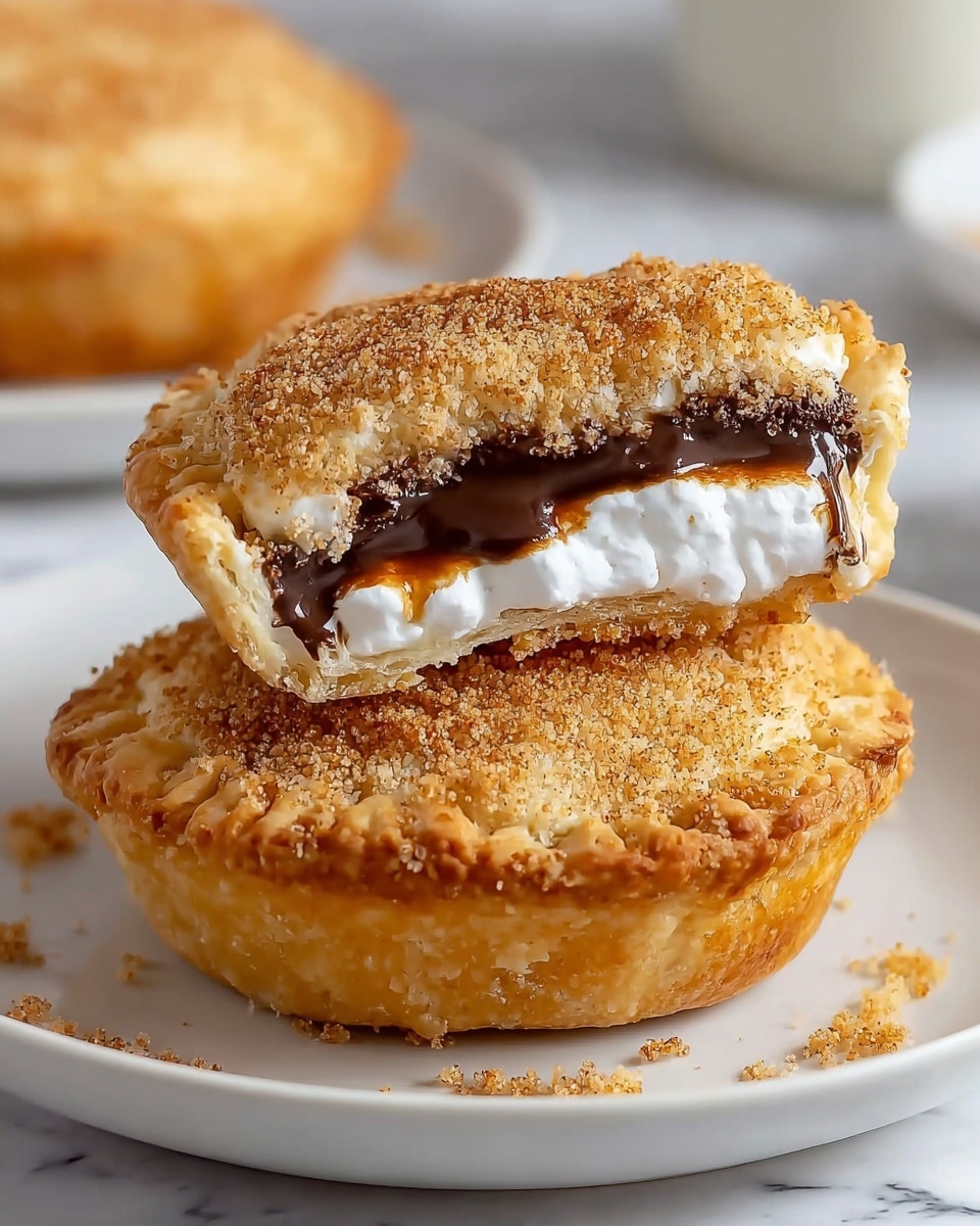 Two golden brown mini pies are shown on a white plate resting on a white marbled surface. The top pie is cut in half, revealing three layers inside: a crumbly golden crust on top, a thick layer of dark, glossy melted chocolate in the middle, and a white, fluffy marshmallow layer between the chocolate and crust. The crust looks soft and flaky with a slightly rough texture, sprinkled with cinnamon-colored crumbs. The bottom pie is whole, showing the same crumbly crust. Photo taken with an iphone --ar 4:5 --v 7