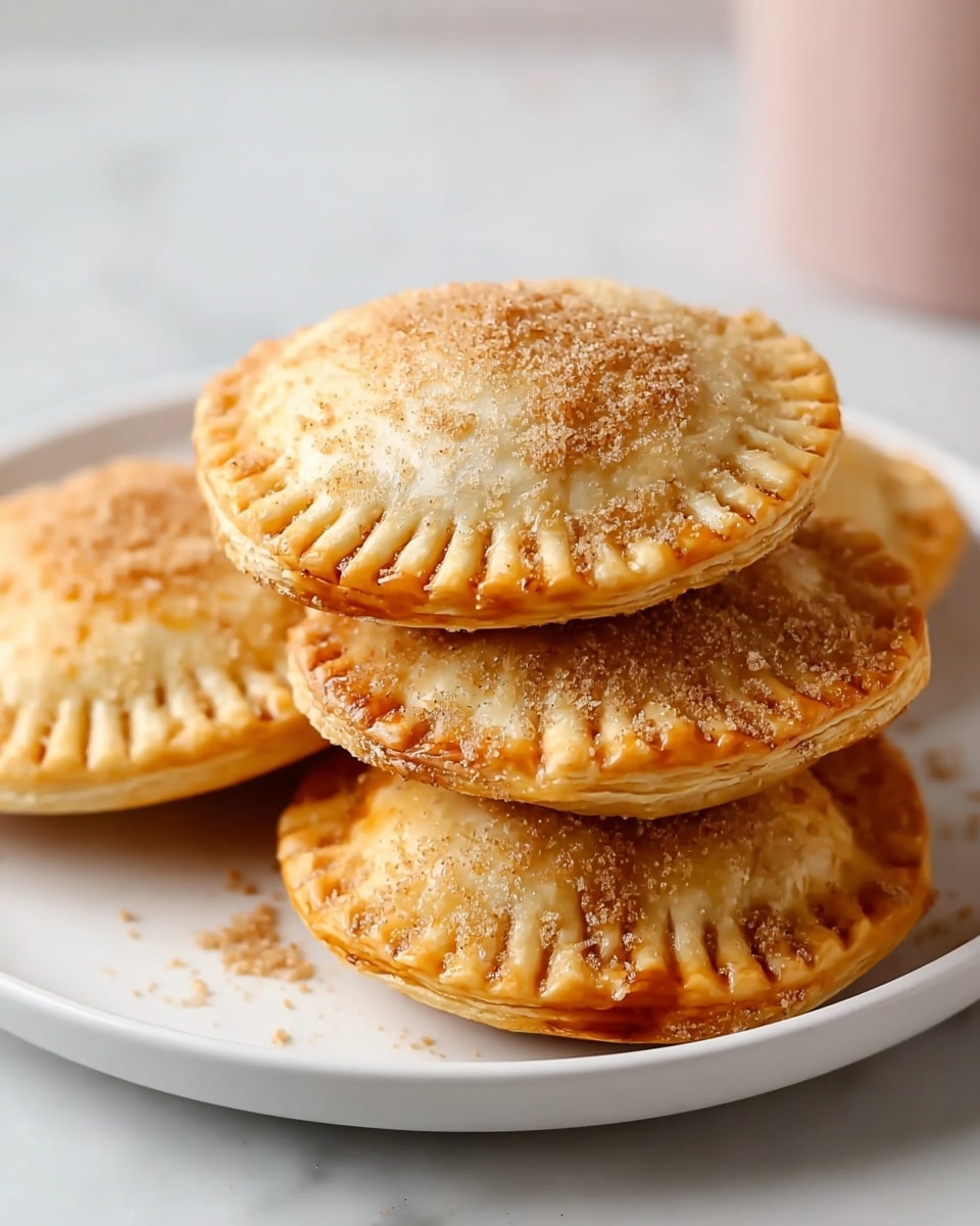 Four small round hand pies with golden-brown, flaky crusts are stacked on a white plate. Each pie has a crimped edge, with a slightly darker toasted color around the borders. The top layer of the pies is sprinkled with a light dusting of crumbly brown sugar or cinnamon bits, giving texture to the smooth crust surface. The plate sits on a white marbled texture with a soft light pink object blurred in the background. Photo taken with an iphone --ar 4:5 --v 7