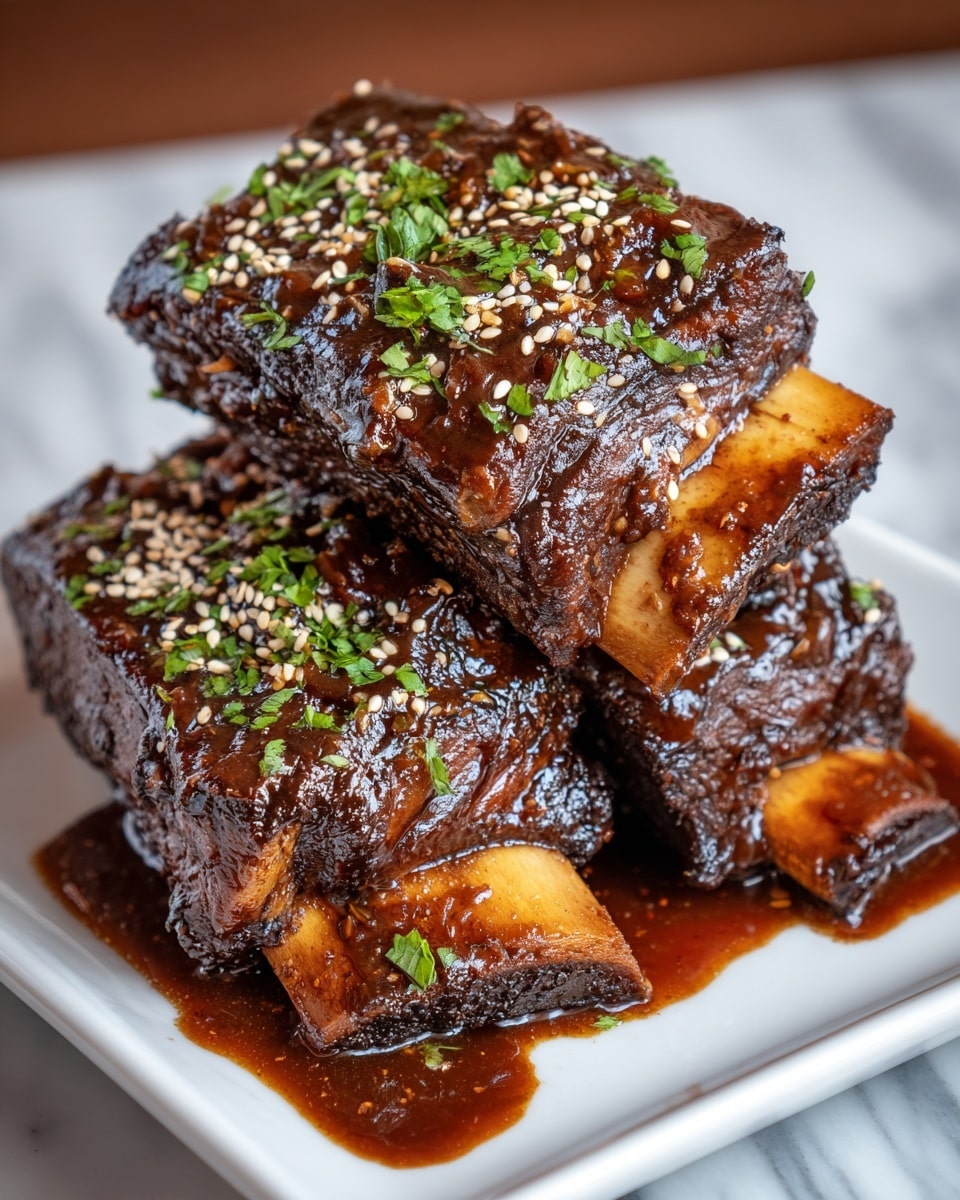 A stack of three large beef ribs is shown on a white square plate, each rib coated with a thick, shiny dark brown sauce that looks sticky and rich. The bones at the bottom are light brown with a slight char. The meat appears tender and moist, piled slightly unevenly. The ribs are sprinkled with white sesame seeds and chopped fresh green herbs, adding color contrast and texture. There is a small pool of sauce on the plate beneath the ribs, all placed on a white marbled surface. photo taken with an iphone --ar 4:5 --v 7