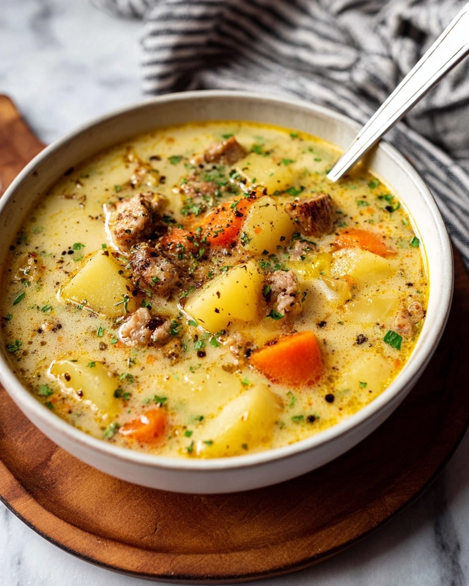 A close-up of a white bowl filled with creamy soup showing three main layers: the top layer has small green herb pieces and black pepper flakes, the middle layer contains chunks of browned sausage, soft yellow potato pieces, and small orange carrot slices, all floating in a light yellow broth with a smooth, slightly oily texture. The bowl sits on a wooden board on a white marbled surface, with a blurred striped cloth in the background and a silver spoon placed inside the bowl on the right side. photo taken with an iphone --ar 4:5 --v 7