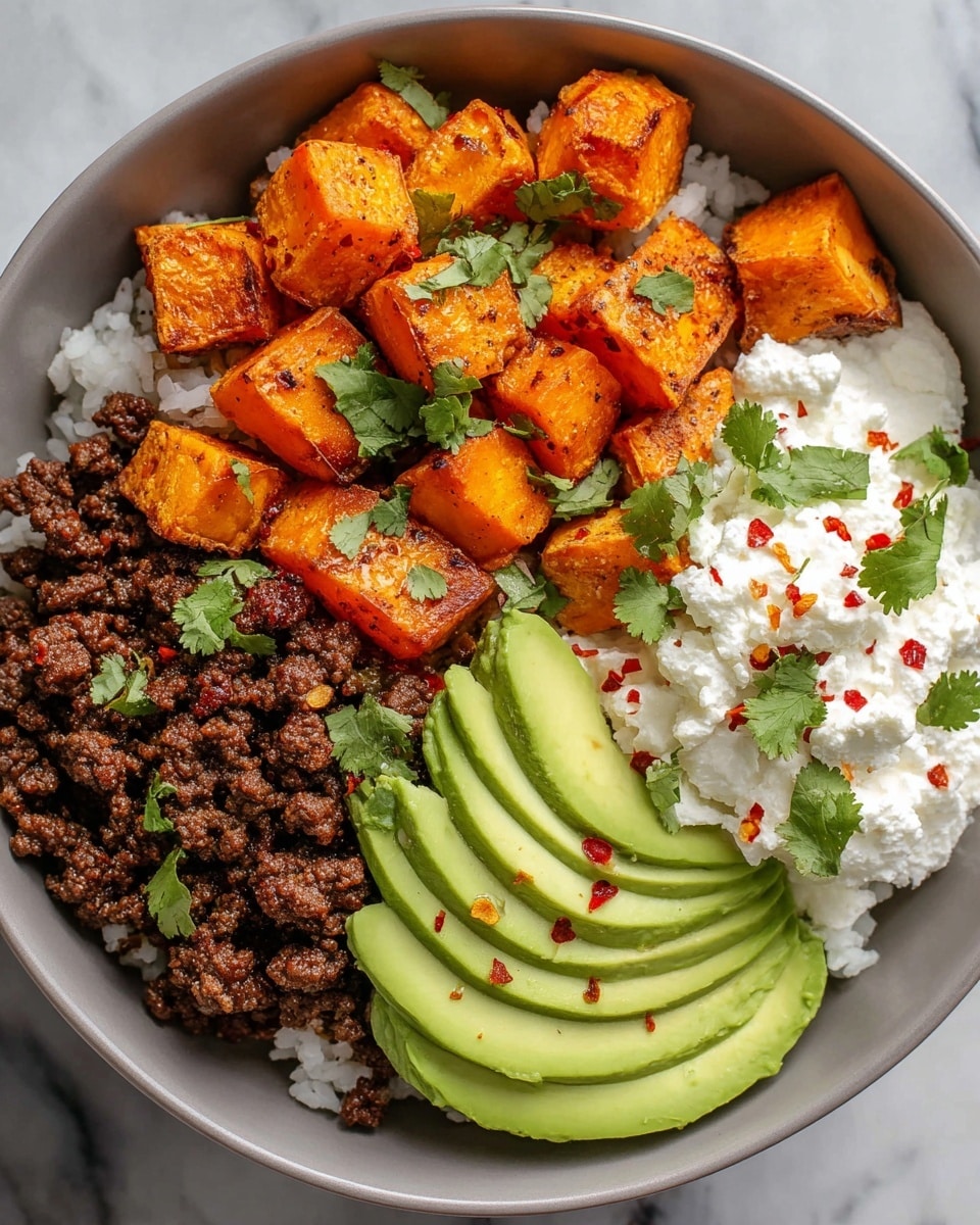 A white round bowl is filled with four main ingredients arranged in separate sections on top of a white rice base. One quarter of the bowl holds bright orange roasted sweet potato cubes with a slightly charred look, sprinkled with green cilantro leaves. Next to it is a portion of spiced cooked ground beef, dark brown with some red seasoning bits, also garnished with cilantro. Adjacent to the beef, creamy white cottage cheese is topped with green cilantro leaves and a few red chili flakes. Finally, slices of fresh avocado with a smooth green-yellow color and soft texture are arranged in a fan shape, sprinkled lightly with red chili flakes. The bowl sits on a white marbled surface. Photo taken with an iphone --ar 4:5 --v 7