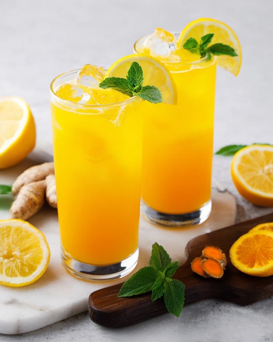 Two tall clear glasses filled with bright orange-yellow juice are on a white marbled surface, each glass containing some ice cubes and thin slices of lemon inside. Each glass is decorated with a lemon wedge on its rim and a small bunch of fresh green mint leaves on top. Around the glasses on the white marbled surface are halved lemons showing their juicy yellow inside, small whole ginger roots, and turmeric roots, one sliced to show a bright orange center. A dark wooden board is partially under the glasses, with a few more mint leaves resting on it. Photo taken with an iphone --ar 4:5 --v 7