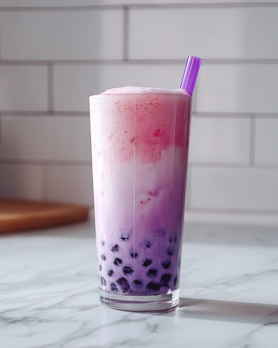 A tall clear glass filled with a three-layer drink stands on a white marbled surface. The bottom layer is dark purple tapioca pearls, round and shiny. Above that is a thick light purple layer mixed with milk, slightly misty. The top layer is a soft pinkish foam, smooth and creamy looking, with a bright purple straw sticking out from the top. The background shows white tiled walls with soft light. photo taken with an iphone --ar 4:5 --v 7