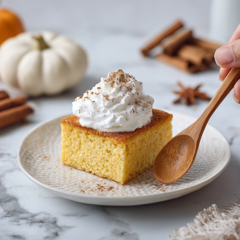 The image shows six thick square pieces of pumpkin dessert in a clear glass baking dish with blue handles. Each piece has three visible layers: the bottom layer is dense and orange, the middle layer is lighter orange, and the top layer is thick and white with a whipped texture. The white top layer is sprinkled unevenly with dark brown cinnamon powder, giving a textured look across the dish. One piece is missing, revealing the moist layered inside. The baking dish sits on a wooden surface with blurred kitchen items like oats in glass jars and a pumpkin in the background, all on a white marbled texture. photo taken with an iphone --ar 4:5 --v 7