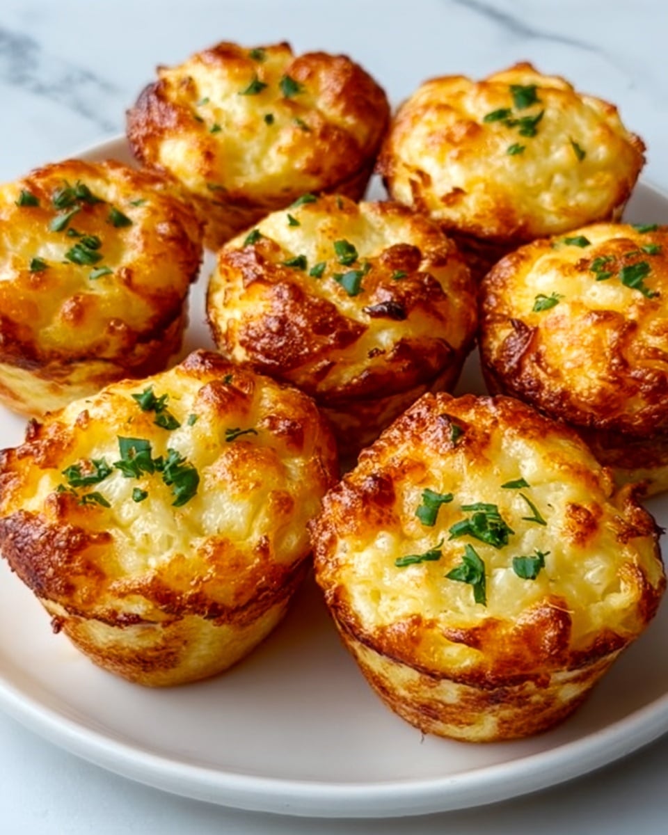 The image shows seven golden-brown baked cheese muffins arranged closely together on a white plate. Each muffin has a crispy, slightly browned top with visible melted cheese that looks bubbly and textured. The muffins’ sides are smooth and light yellow, indicating a soft inside. Small pieces of green herbs are sprinkled evenly on top of each muffin, adding a touch of color contrast. The plate is placed on a white marbled surface, and the lighting highlights the muffins' warm and appetizing appearance. Photo taken with an iphone --ar 4:5 --v 7