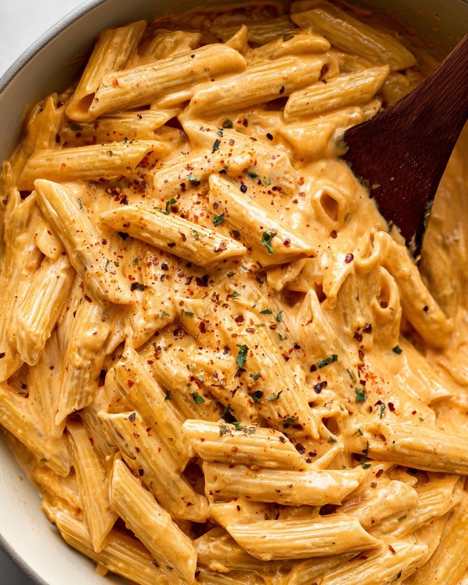 Close-up of creamy pasta dish in a white bowl, showing one layer of light yellow penne pasta evenly coated with a smooth, light orange creamy sauce. The sauce looks rich and slightly glossy, speckled with small green herb bits and black pepper flakes sprinkled over the top. In the middle, there is a wooden spoon partially covered by the pasta, adding a warm brown texture. The pasta pieces are well mixed with the sauce, some stacked on each other while others lie flat against the bowl, creating a simple but appetizing layering effect. photo taken with an iphone --ar 4:5 --v 7