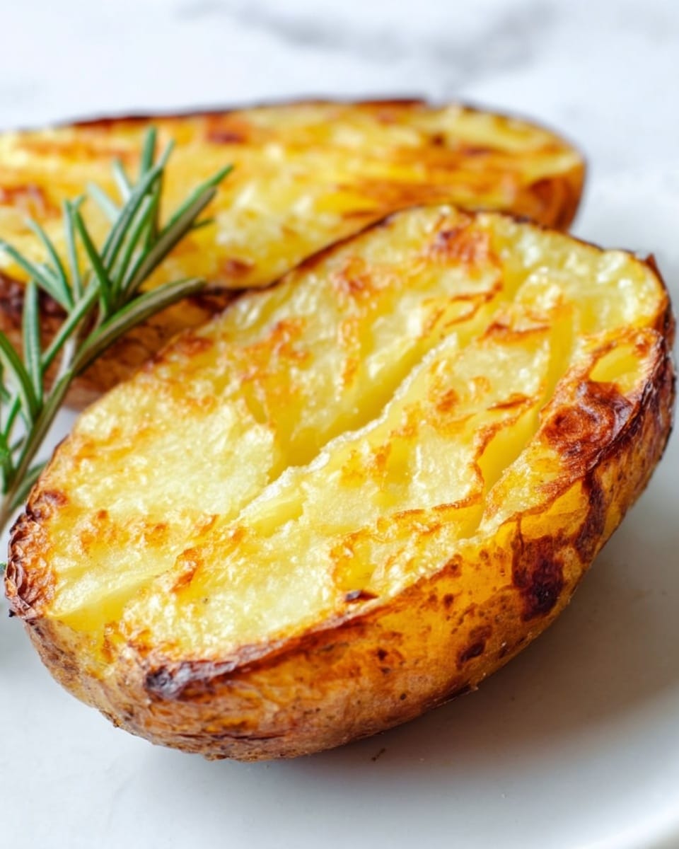 The image shows a close-up of two thick potato halves on a white plate, placed on a white marbled surface. Each potato half is golden-brown on the cut side with a crispy, slightly textured surface, showing a mix of lighter yellow and deeper golden areas from roasting. The skin around the edges is a darker brown color, adding contrast to the bright interior. A small sprig of rosemary rests gently between the potatoes, adding a touch of green. Photo taken with an iphone --ar 4:5 --v 7
