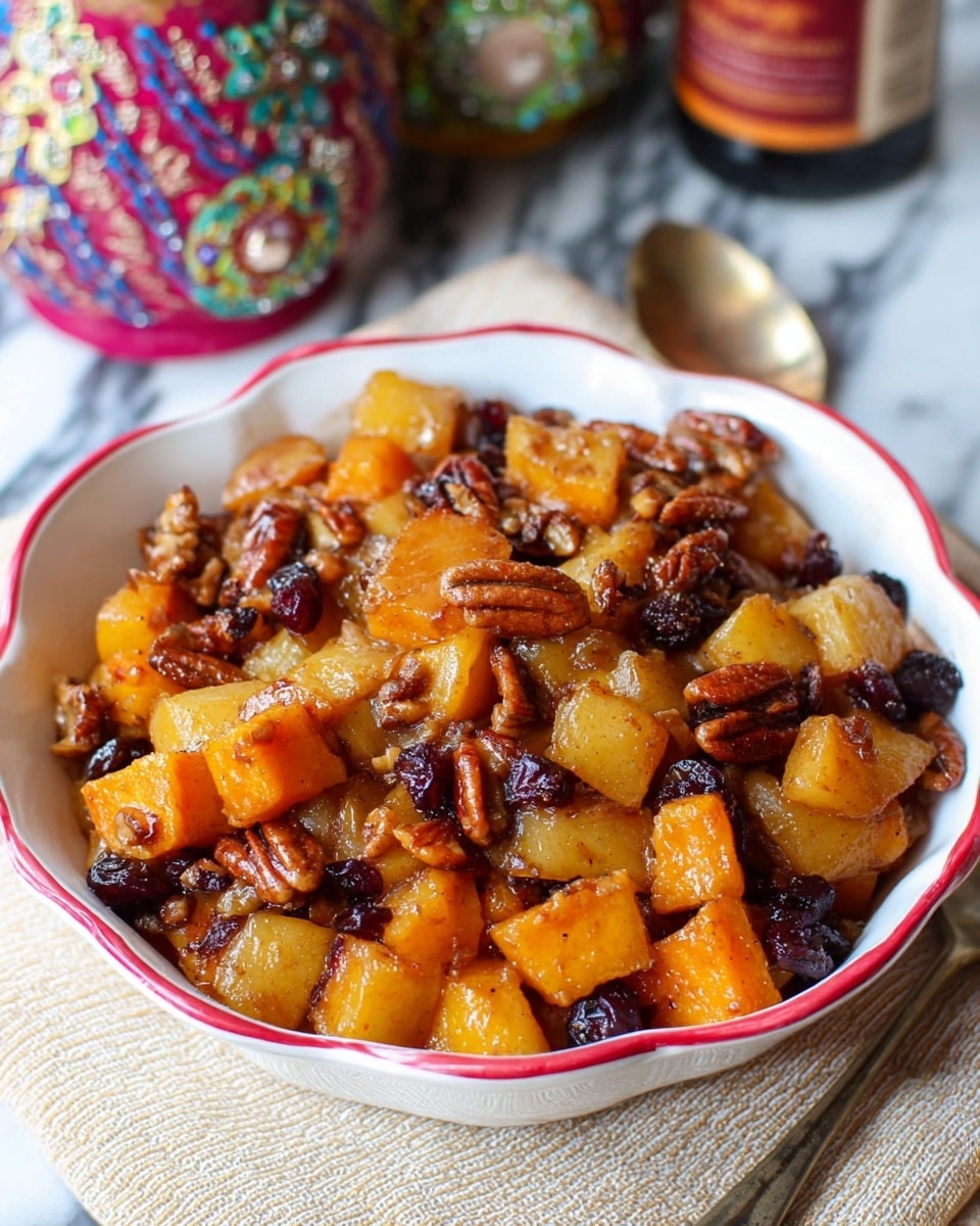A close-up of a white scalloped bowl with a red rim filled with a cooked fruit and nut mixture, featuring chunky pieces of golden brown apples, orange sweet potatoes, dark brown pecans, and dark dried berries evenly mixed together, all coated in a glossy, cinnamon-colored sauce. The bowl is placed on a light beige cloth on a white marbled surface, with a blurred background showing colorful decoration and a bottle. A spoon rests to the right side of the bowl. Photo taken with an iphone --ar 4:5 --v 7