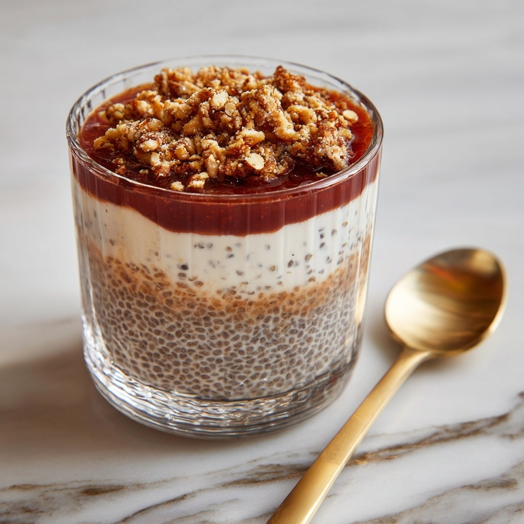 The image shows a clear glass cup with three layers of dessert. The bottom layer is smooth and dark reddish-brown, likely a sauce or jelly. The middle layer is thick and creamy with small white and black specks evenly spread, resembling chia seed pudding. The top layer is crunchy and brown with small pieces sprinkled all over, possibly granola or nuts. The cup is placed on a white marbled surface, and a golden spoon lies next to it. photo taken with an iphone --ar 4:5 --v 7