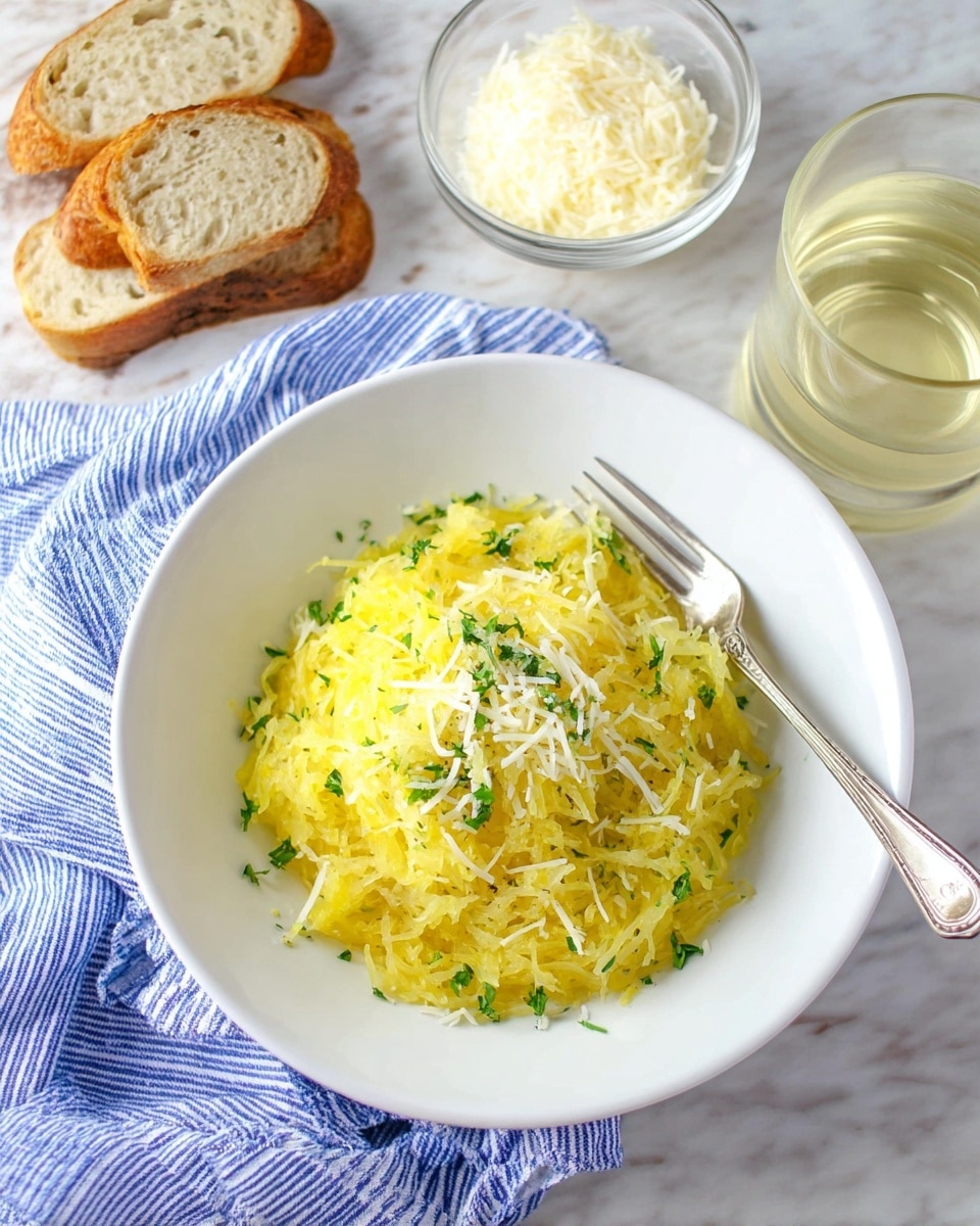 A white bowl holds a mound of yellow spaghetti squash strands mixed with small green parsley pieces, topped with shredded white cheese. A silver fork is placed on the right side inside the bowl. To the upper left of the bowl, there are three pieces of sliced bread on a blue and white striped cloth. Above the bowl is a small clear glass bowl filled with more shredded white cheese. On the right side, there is a clear glass containing a light yellow drink, placed on a surface with a white marbled texture. photo taken with an iphone --ar 4:5 --v 7
