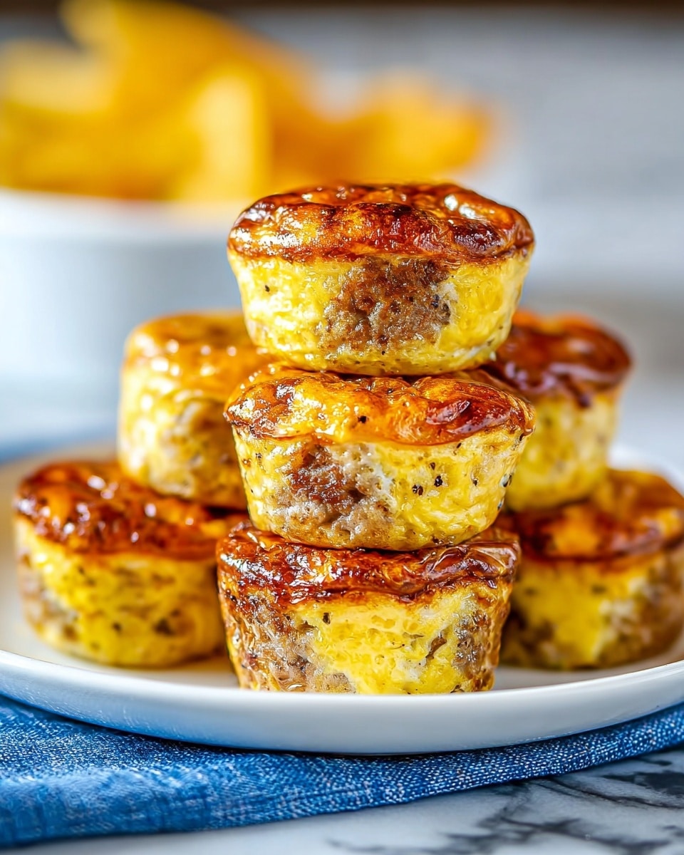 A stack of five round sausage pancake bites sits on a white plate placed on a blue and white striped cloth over a white marbled surface. The pancake bites have a golden brown, slightly crispy top layer, and a thick, soft, pale yellow pancake middle layer filled with visible cooked sausage pieces in a light brown color. The top pancake piece is bitten into, revealing a soft pancake texture and a mix of cooked sausage inside. The background is blurred with soft green and brown tones, highlighting the stack of pancake bites in the center. photo taken with an iphone --ar 4:5 --v 7