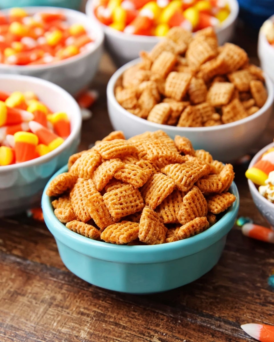 The image shows a close-up of multiple bowls filled with different snacks on a wooden surface. In the foreground, there is a light blue bowl full of small, crunchy, square-shaped snacks with a ridged texture and an orange color. Behind this bowl, there is a white bowl with similar but slightly larger snacks of a light brown color. Other visible bowls have various snacks, including one with bright orange, yellow, and white candy corn, and another with round, light popcorn. All bowls are arranged closely together, and the surface underneath is wooden. photo taken with an iphone --ar 4:5 --v 7