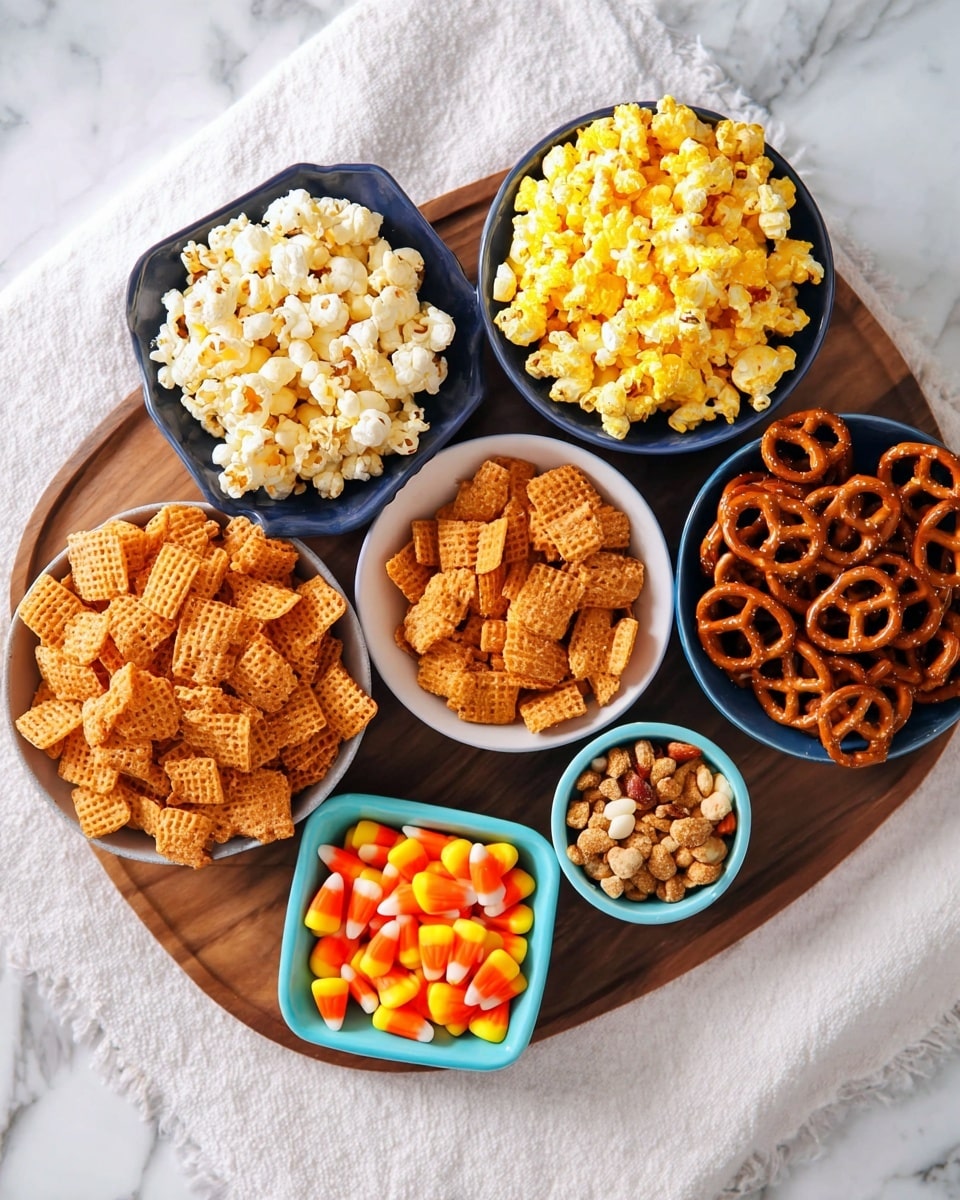 A round wooden board holds six bowls arranged in a loose circle, each filled with a different snack. The top dark blue bowl contains yellow and white popcorn with a fluffy texture. To the right, a light blue bowl is filled with shiny, brown pretzels that have a twist shape and visible salt grains. Below that, a small white bowl holds light brown, crunchy waffle-shaped snacks with a slightly rough texture. To the left of it, a light blue bowl contains a similar waffle-shaped snack but in a darker brown color. Above this, a square dark blue bowl is filled with bright candy corn, showing three color layers: yellow at the base, orange in the middle, and white tips. Finally, a small light blue bowl on the lower right side has a mix of small, square, and round cereal pieces in various shades of brown and light orange. The entire setup rests on a white marbled surface with a white towel underneath the wooden board. photo taken with an iphone --ar 4:5 --v 7