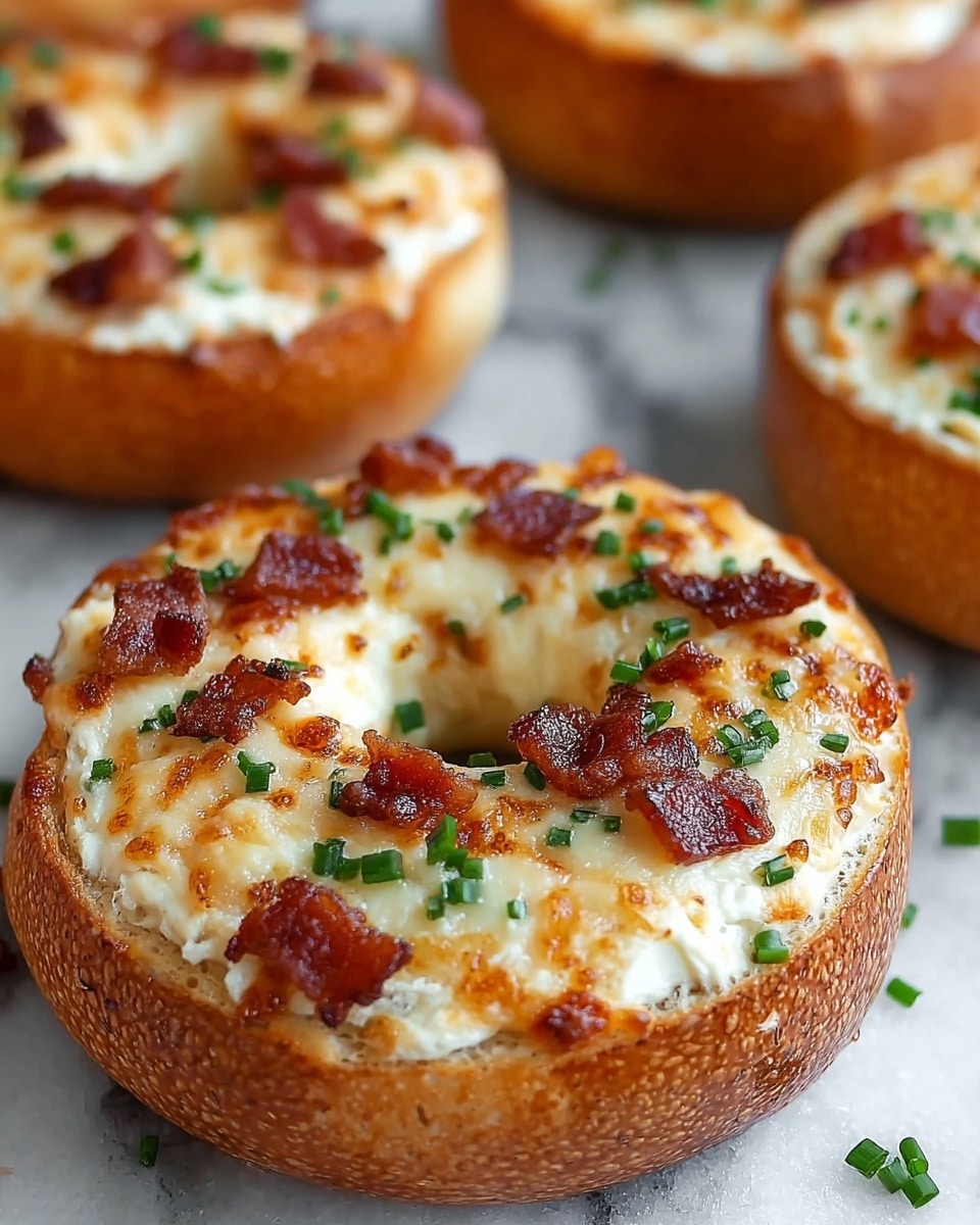 The image shows a close-up of a toasted bagel with a visible golden-brown crust and a soft inside, topped with a creamy white spread. On top of the spread, there are small crispy brown bacon pieces and finely chopped green chives scattered evenly. The bagel’s surface looks slightly crispy with melted cheese mixed into the spread, adding a bubbly golden texture. Multiple similar bagels can be seen blurred in the background, all placed on a white marbled surface that adds a clean and bright feel to the scene. photo taken with an iphone --ar 4:5 --v 7