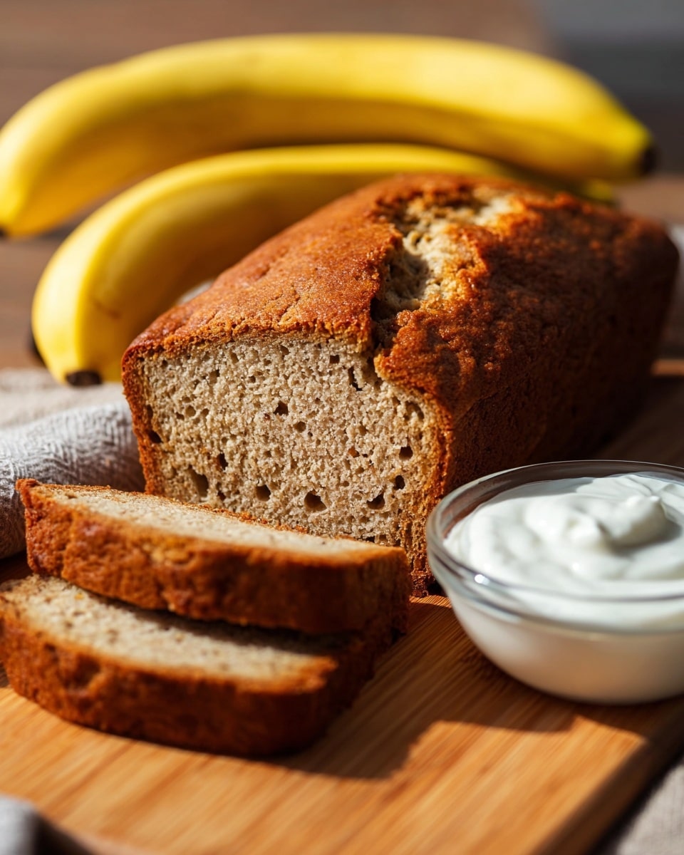 A loaf of banana nut bread is sliced, showing its moist, light brown interior with visible pieces of walnuts spread throughout. The crust is golden brown and slightly shiny, with a soft texture inside. There are two slices cut from the loaf, resting in front of it on a wooden board, which has small walnut halves scattered around. In the background, a ripe yellow banana is placed on a white marbled surface. The scene is well-lit and close-up, emphasizing the bread’s texture and nut pieces. photo taken with an iphone --ar 4:5 --v 7