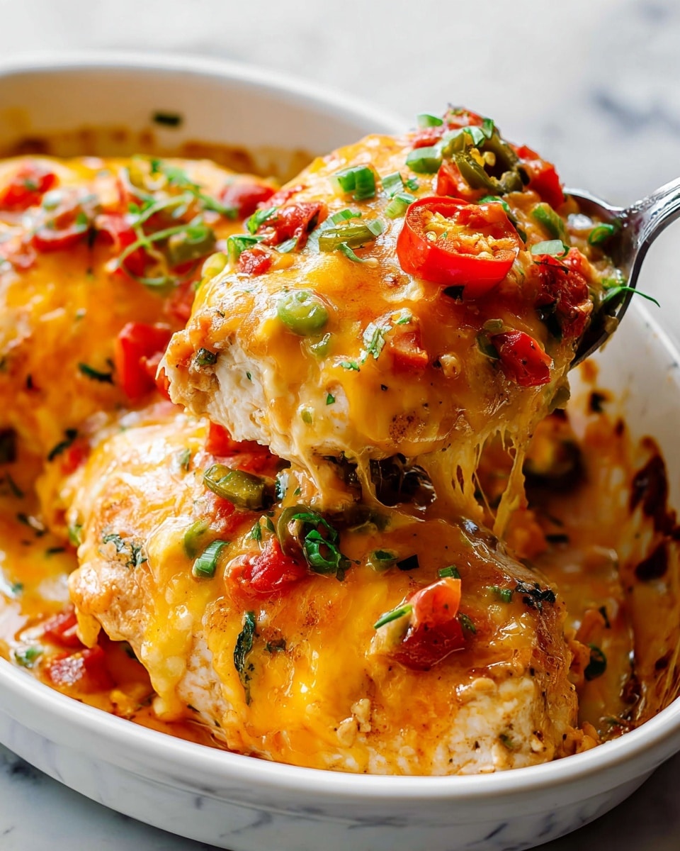 The dish shows two thick, layered cheesy chicken breasts in a white oval dish on a white marbled surface. Each chicken breast has three visible layers: a golden-brown cooked chicken base, a middle layer of melted light yellow cheese mixed with bits of creamy sauce, and a top layer piled with bright orange melted cheese, red chopped bell peppers, green chopped jalapeños, and small green herbs sprinkled across. The cheese looks melted and gooey, and some pieces are slightly browned from baking. A silver spoon is lifting one of the chicken breasts, showing the creamy inside with sauce streaks on the dish. Photo taken with an iphone --ar 4:5 --v 7