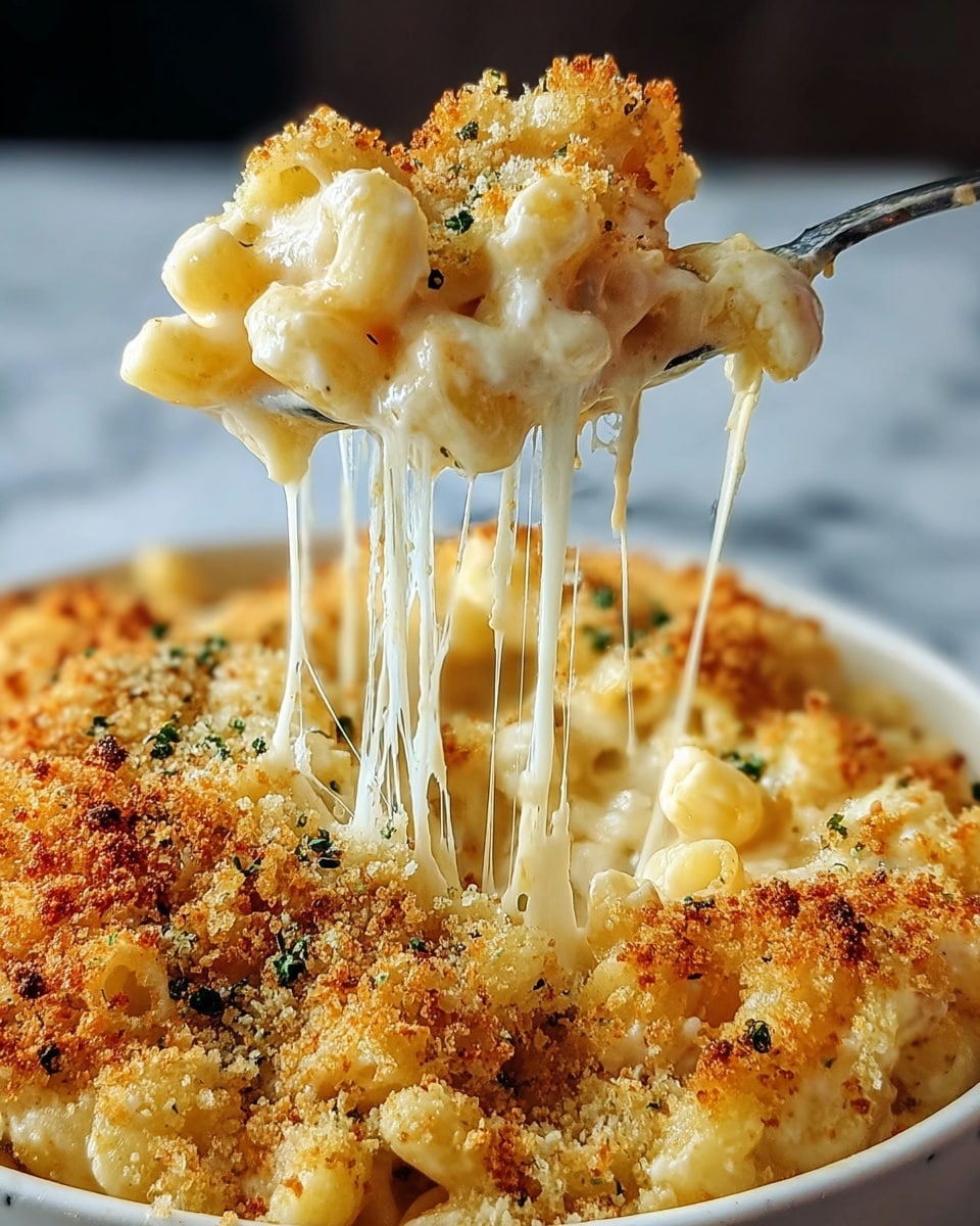 A close-up image of macaroni and cheese being lifted by a silver spoon, showing three main layers: the top is a golden-brown crispy breadcrumb layer with small green herb bits, underneath is a thick creamy white cheese sauce holding the pasta together, and the bottom layer consists of small pasta tubes that are pale yellow. The melted cheese stretches in strings as the spoon lifts the macaroni, creating an appetizing gooey texture. The utensil and macaroni are in sharp focus, with a blurred backdrop and the dish served in a white bowl placed on a white marbled surface. photo taken with an iphone --ar 4:5 --v 7