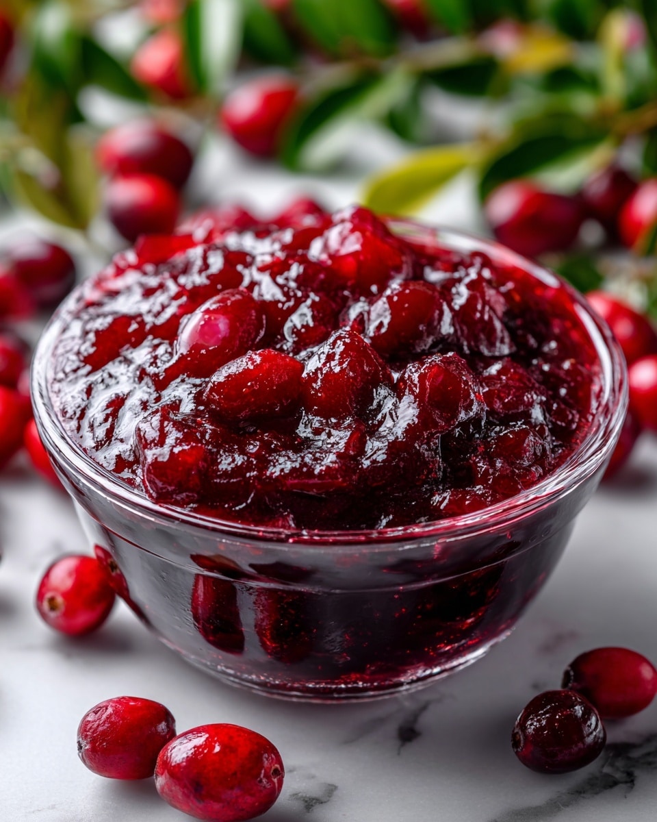 A small white bowl filled with a thick, glossy deep red cranberry sauce that has a smooth texture with some small chunks. The sauce is swirled in layers, with four visible swirled rings rising to the center. Three whole cranberries are placed on top in the middle. A silver spoon is resting on the edge of the bowl. The bowl sits on a white marbled surface. photo taken with an iphone --ar 4:5 --v 7