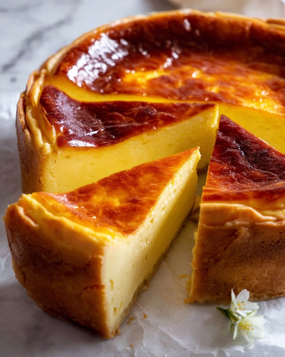 A close-up view of a baked cheesecake with a golden brown top layer that looks slightly caramelized and glossy. The cheesecake has a thick, creamy yellow layer in the middle that is smooth and soft. The crust is thick, flaky, and golden, wrapping around the sides and slightly rising above the filling. Two triangular slices are cut and partly separated from the main cake, showing the smooth texture inside. The cheesecake sits on white parchment paper, and there is a small white flower next to it on a white marbled surface. photo taken with an iphone --ar 4:5 --v 7