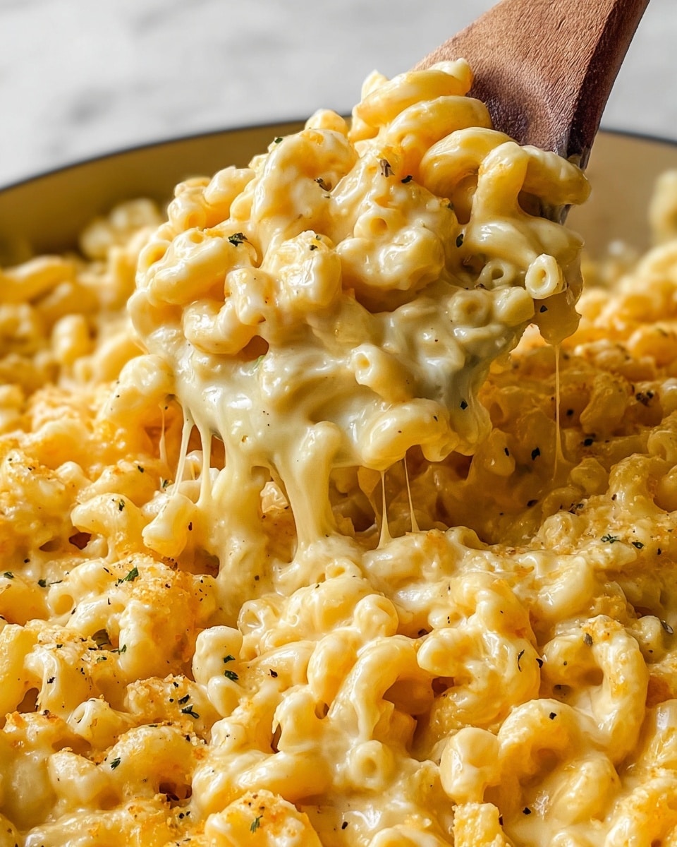 The image shows a close-up top view of a baked pasta dish in a light blue, white interior cast iron pot. The pasta is covered in a golden brown melted cheese layer with some browned spots, giving it a slightly crispy texture. The cheese has a creamy orange tint from the sauce beneath. Small green bits of chopped herbs are sprinkled over the top, adding freshness and contrast. The pasta pieces underneath are tube-shaped and visible through the cheese in places. The pot sits on a white marbled surface with other bowls partially shown nearby. The scene is bright and inviting. photo taken with an iphone --ar 4:5 --v 7