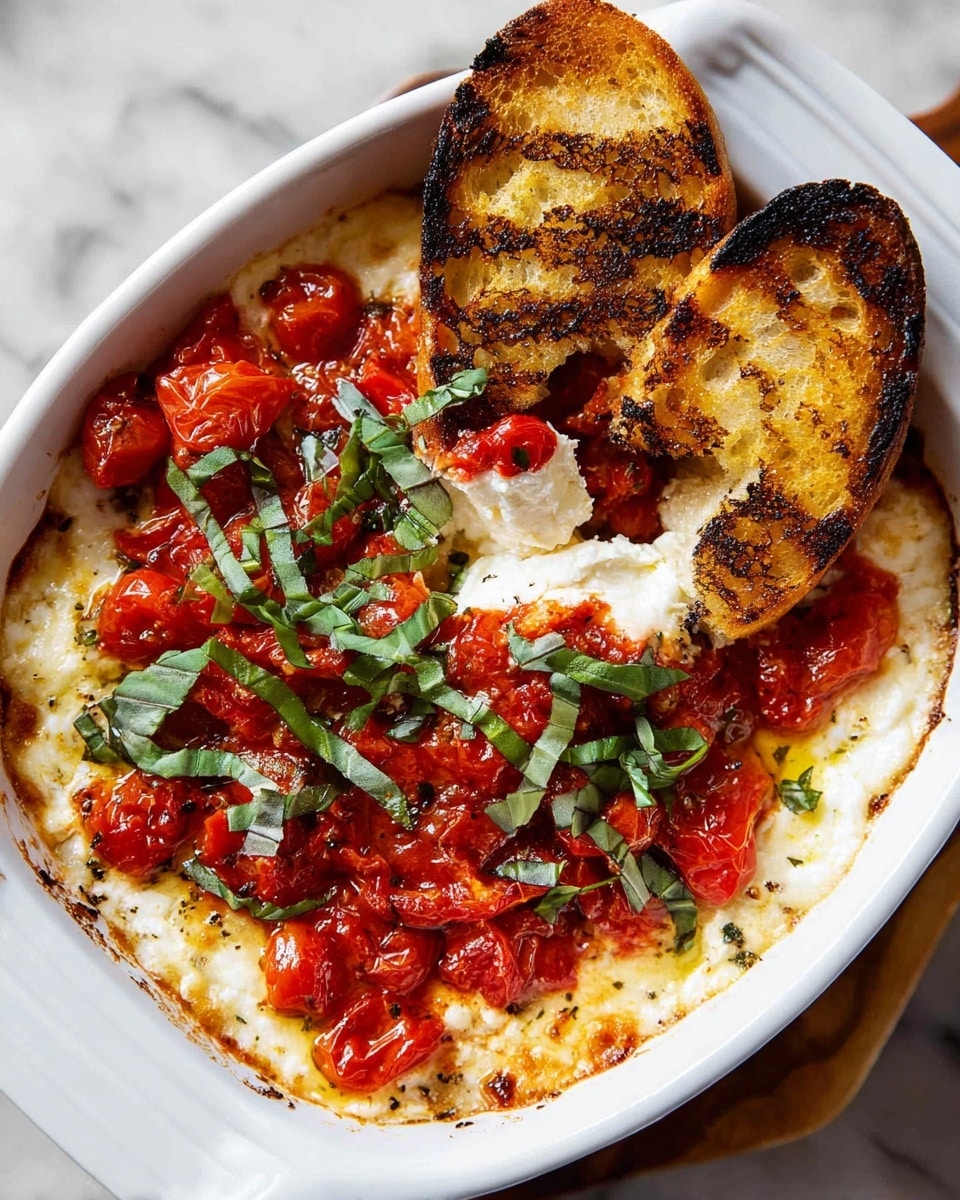 A white square baking dish filled with a two-layer dip, where the bottom layer is creamy white and smooth, likely cheese or ricotta, and the top layer is chunky, bright red tomato mix with visible pieces of tomato and some olive oil. Fresh green basil leaves and thin basil strips are scattered on top, adding a pop of green color. The dish sits on a white marbled surface, surrounded by toasted slices of golden brown bread with charred grill marks. There is a glass bottle of olive oil and some fresh basil leaves nearby, enhancing the fresh look. A white and striped cloth is partly under the dish. photo taken with an iphone --ar 4:5 --v 7