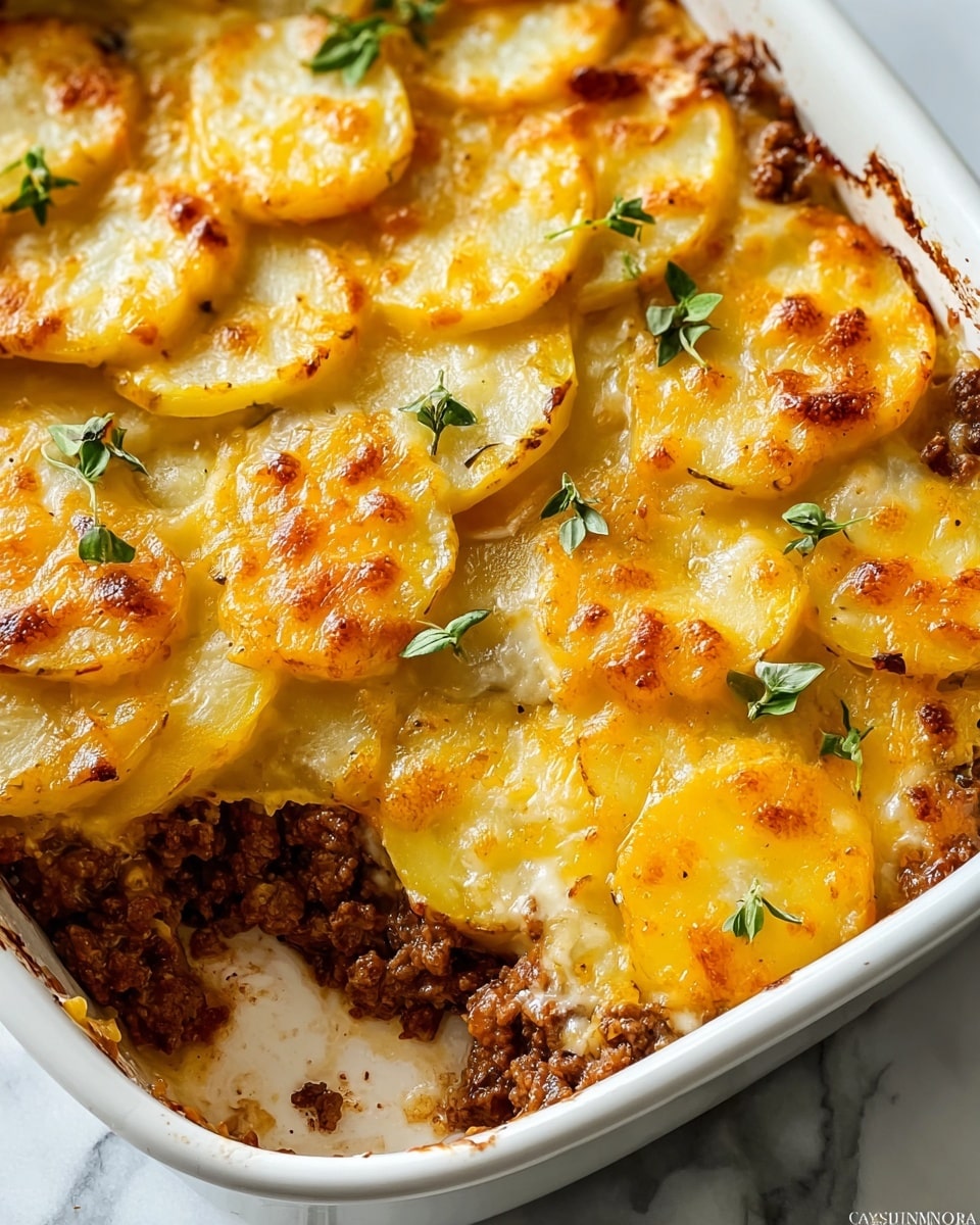 The dish is a layered casserole in a white baking dish, featuring a bottom layer of ground beef with a brown, crumbly texture, followed by a layer of smooth, thinly sliced potatoes that are golden-yellow with lightly browned edges, covered by melted yellow cheese that is bubbly and slightly browned in spots. Small green herb leaves are scattered on top, adding a fresh contrast. The sides of the dish show browned and crispy bits where the cheese and meat have baked against the dish edges. The background is a white marbled surface. photo taken with an iphone --ar 4:5 --v 7