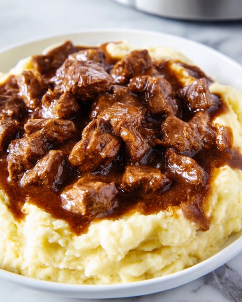 A close-up of a fork holding a bite of tender brown beef tips on top of creamy white mashed potatoes covered with rich brown gravy. Below the fork is a white plate filled with a thick layer of mashed potatoes and a generous layer of brown beef tips and gravy spread unevenly over the potatoes. The background shows a blurred black pot and a blue and white striped cloth on a white marbled surface. The image is bright and detailed, focusing on the texture of the soft potatoes and juicy beef tips. photo taken with an iphone --ar 4:5 --v 7
