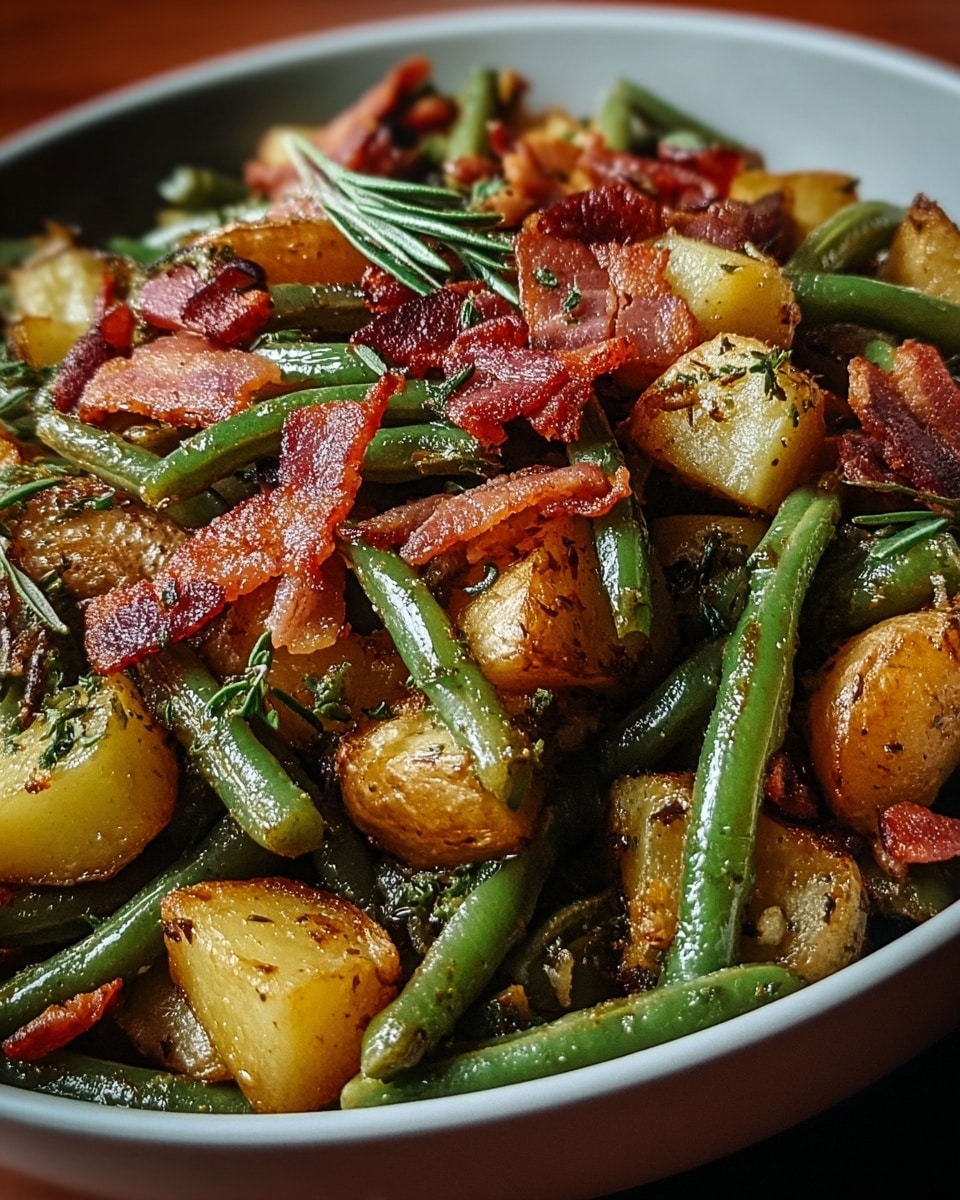A close-up image of a dish served in a white bowl filled with roasted cubed potatoes, bright green beans, and crispy bacon pieces mixed evenly throughout. The potatoes are golden brown with a slightly crispy texture, showing seasoning and small sprigs of herbs, while the green beans have a glossy, cooked appearance. The bacon adds a reddish-brown color and crunchy texture, scattered across the top and mixed inside. The bowl sits on a white marbled textured surface, giving a clean and fresh background. photo taken with an iphone --ar 4:5 --v 7