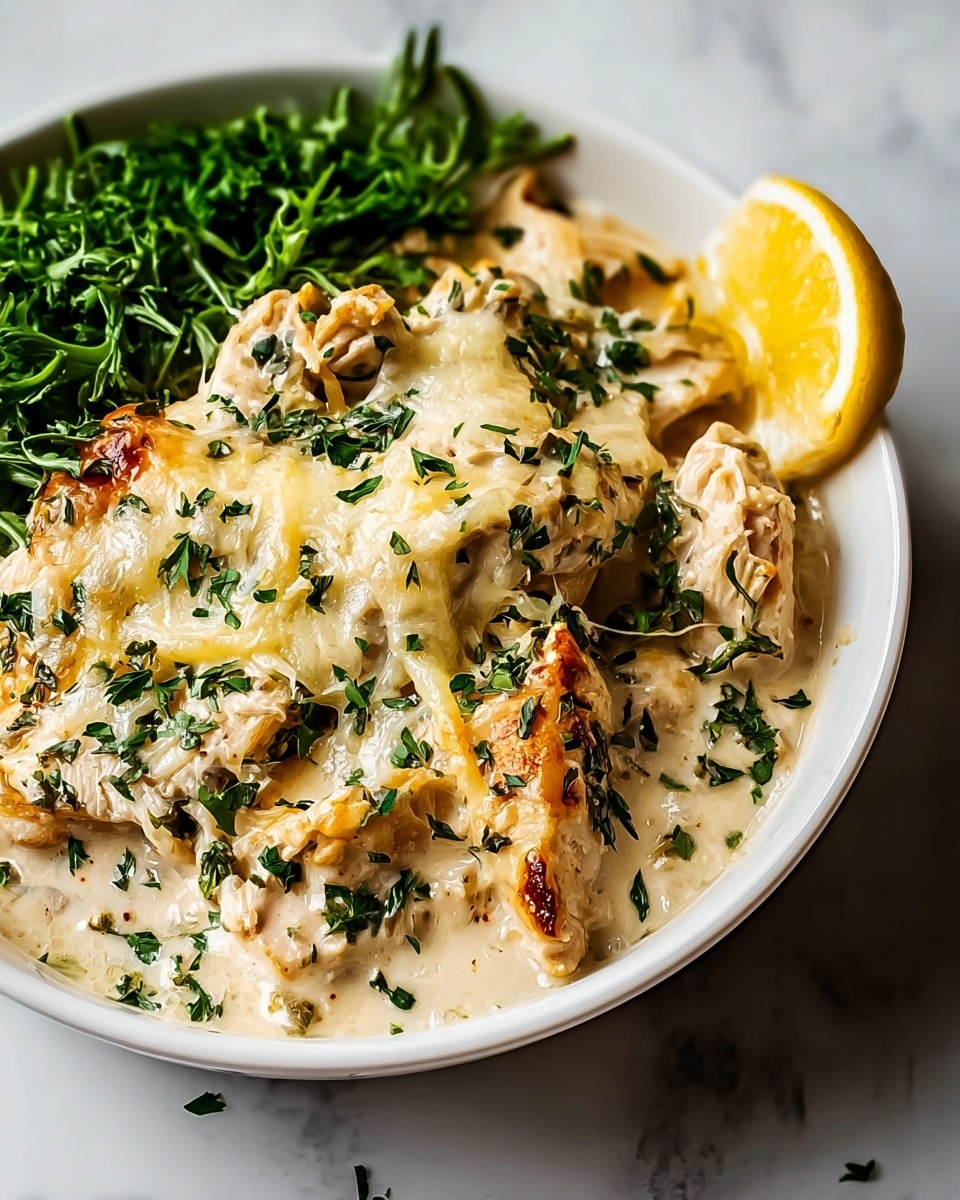 A bowl filled with creamy chicken topped with melted, slightly browned cheese and sprinkled with chopped fresh green herbs. The chicken pieces are mixed within a thick, pale beige sauce, creating a rich texture. On one side of the bowl, there is a small pile of green leafy garnish and a bright yellow lemon wedge. The bowl is white and placed on a white marbled surface. photo taken with an iphone --ar 4:5 --v 7