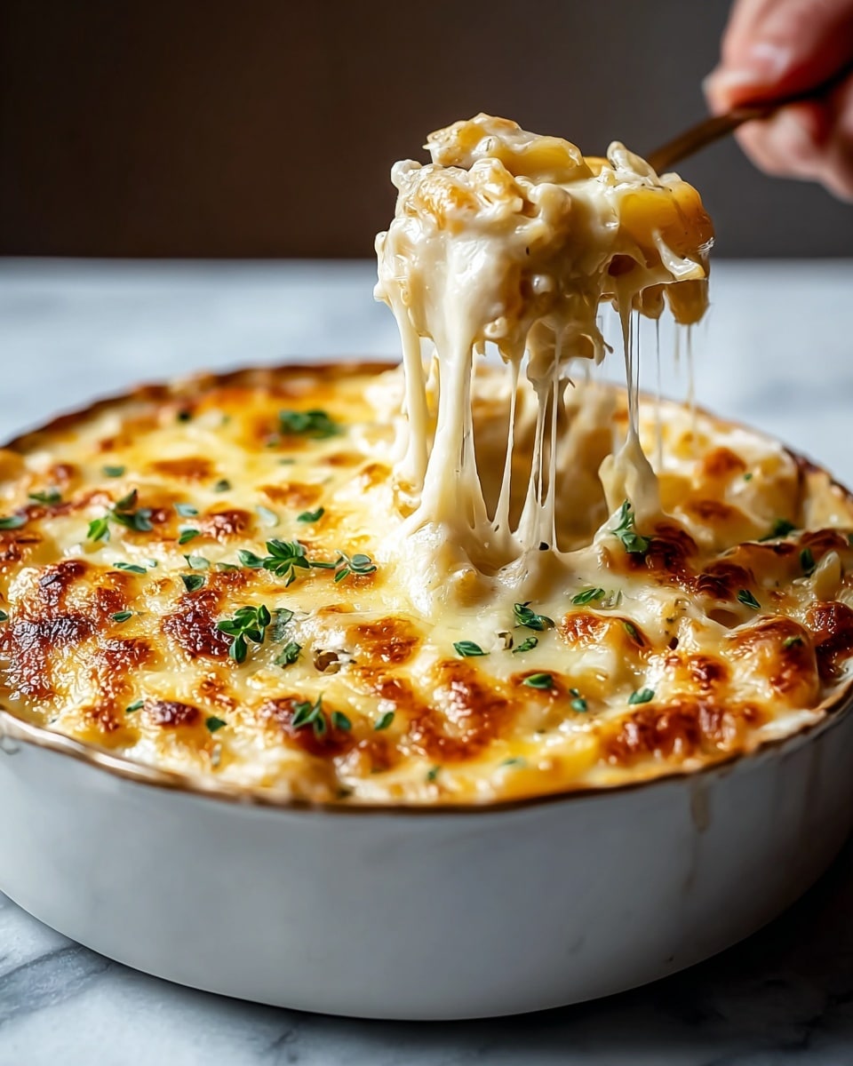 A close-up of a white bowl filled with creamy baked pasta covered with a golden-brown melted cheese layer, sprinkled with small green herb leaves. The top cheese layer is thick and bubbly with some crispy browned spots. A portion of the cheesy pasta is being lifted by a woman's hand, with long strings of melted cheese stretching upward, showing the creamy texture beneath. The bowl sits on a white marbled surface, and the background is softly blurred. photo taken with an iphone --ar 4:5 --v 7